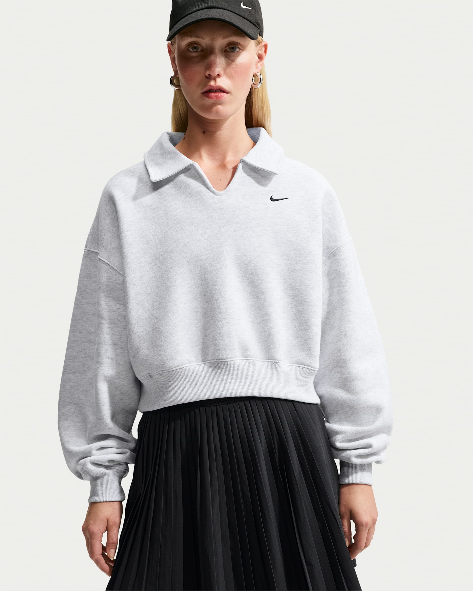 Nike Studio Fleece Medium Weight Women's Oversized Cropped Polo - Birch Heather/Black
