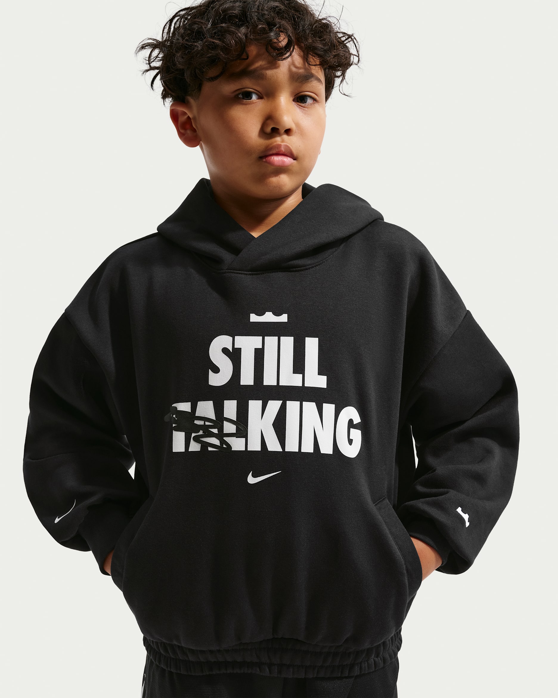 Sudadera con gorro de básquetbol para niños grandes LeBron "Shut Up And Dribble" - Negro/Blanco