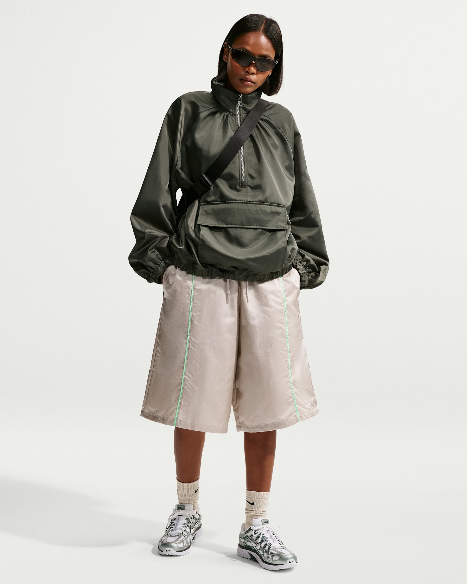 Nike Sportswear Women's Loose Mid-Rise Woven Shorts - Cream II/Camo Green/Illusion Green/White