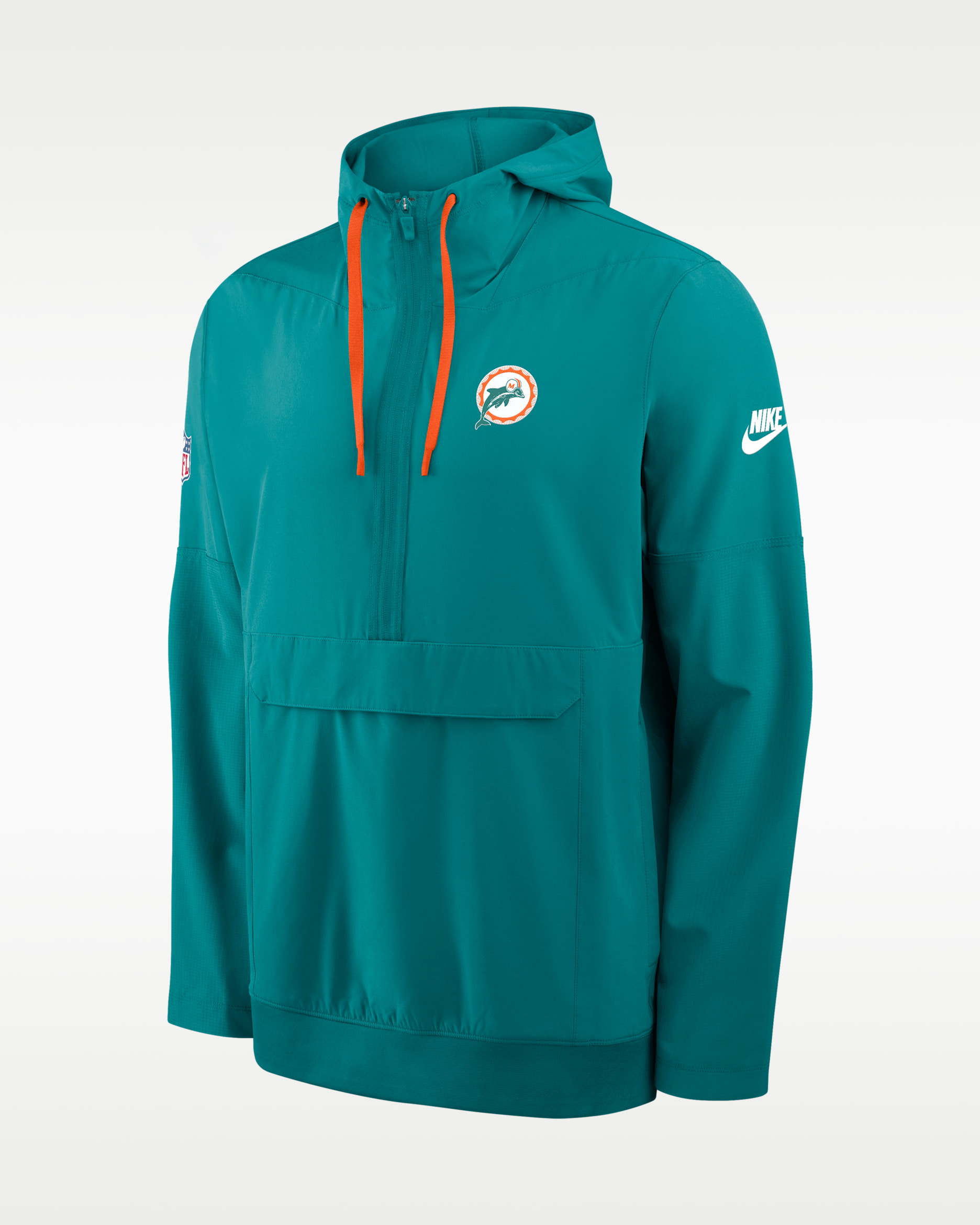 Chamarra Nike de la NFL de medio cierre con gorro para hombre Miami Dolphins Alt Anorak - Agua/Naranja