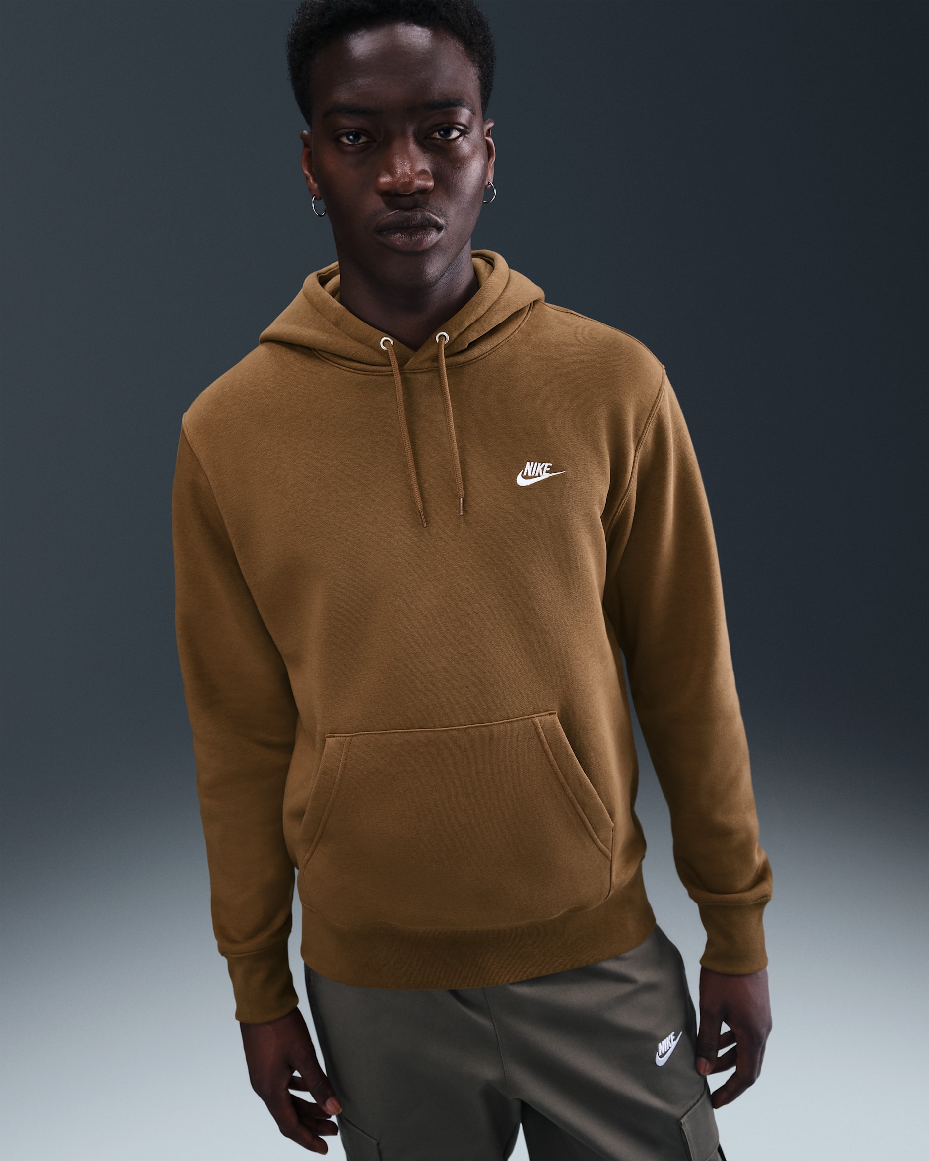 Nike Club Men's Pullover Fleece Hoodie - Mosswood Brown/Mosswood Brown/White
