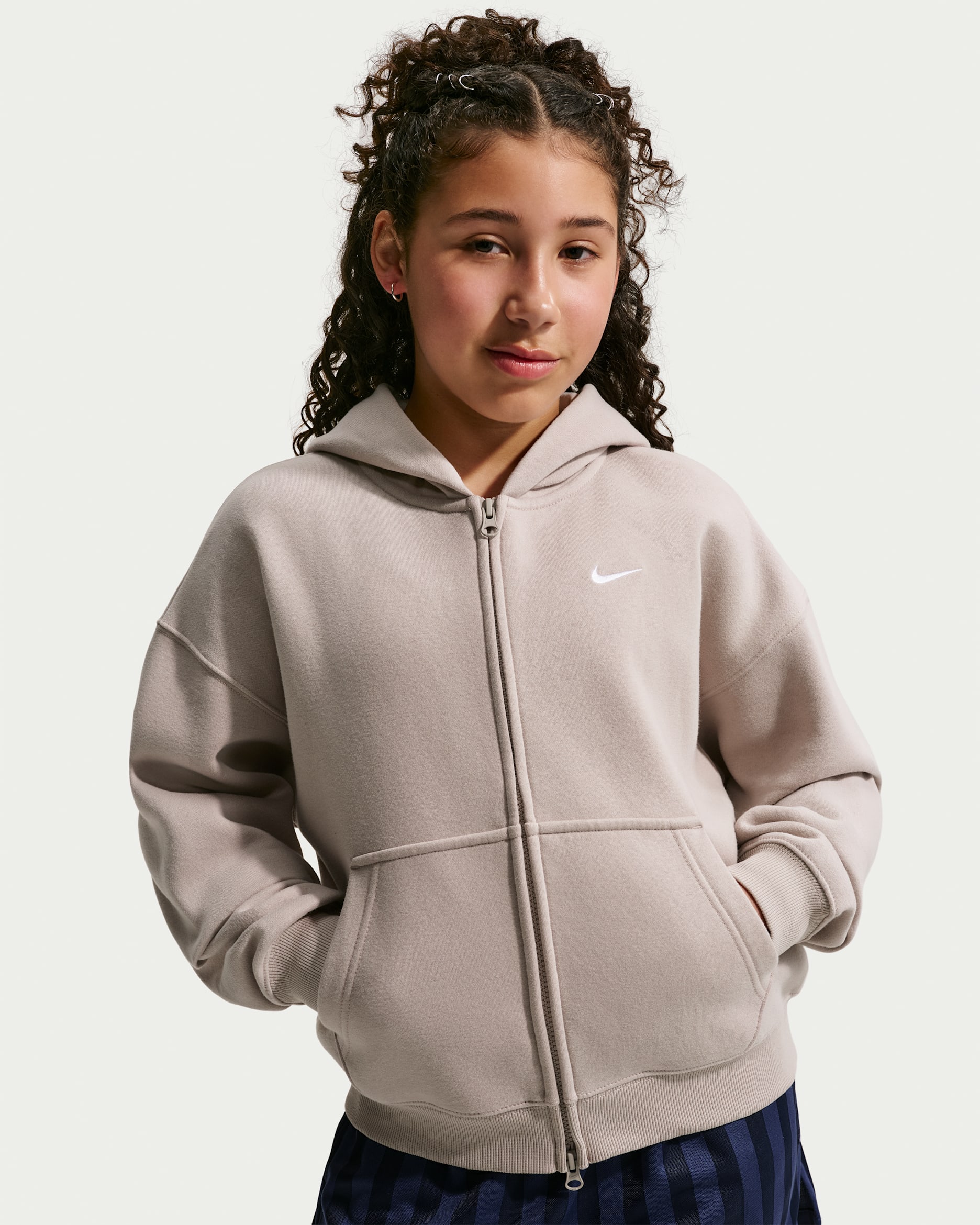 Nike Sportswear Studio Fleece Big Kids' (Girls') Oversized Full-Zip Hoodie - Moon Particle/White