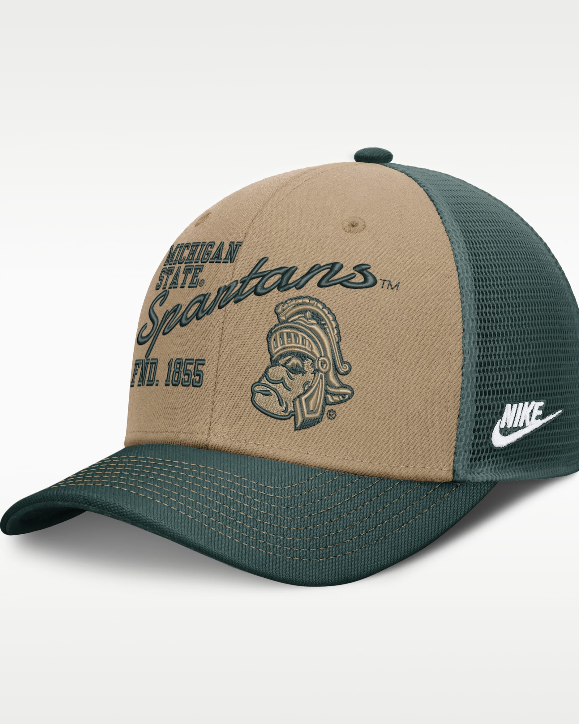 Michigan State Legacy Rise Men's Nike Dri-FIT College Trucker Adjustable Hat - Classic Beige/Forest Green