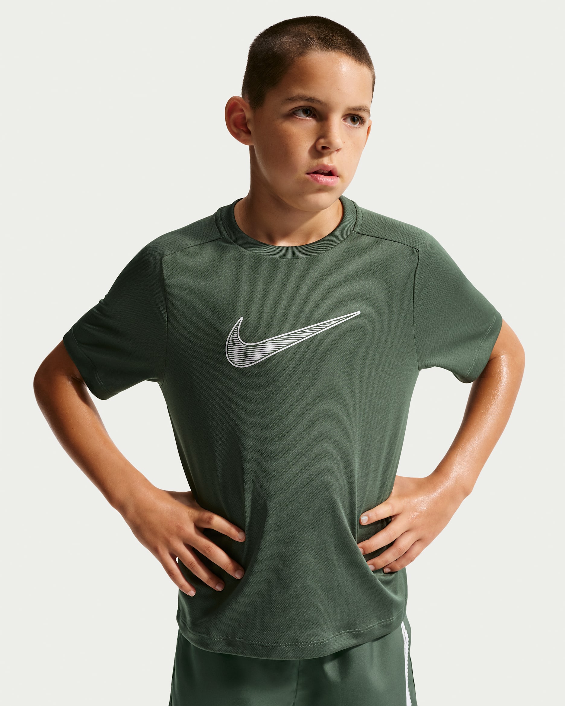 Nike Multi Older Kids' (Boys') Dri-FIT Short-Sleeve Training Top - Camo Green/White
