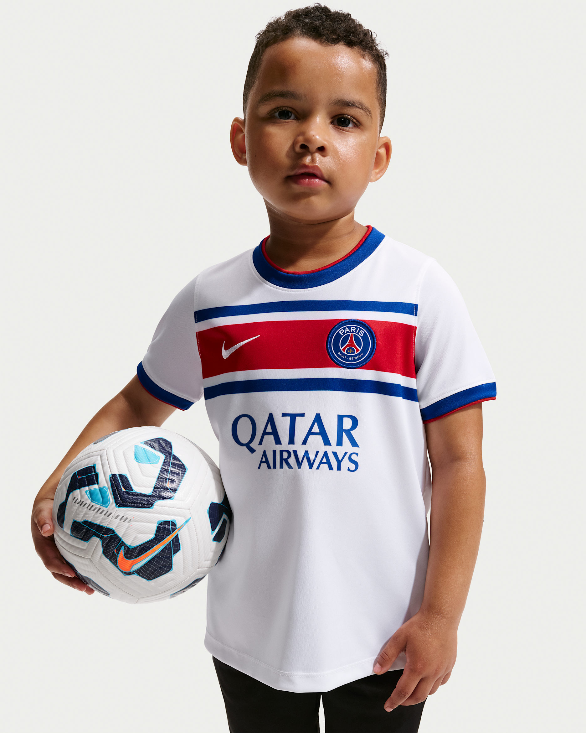 Paris Saint-Germain Home Big Kids' Nike Dri-FIT Soccer Pre-Match Top - White/Old Royal/University Red/White