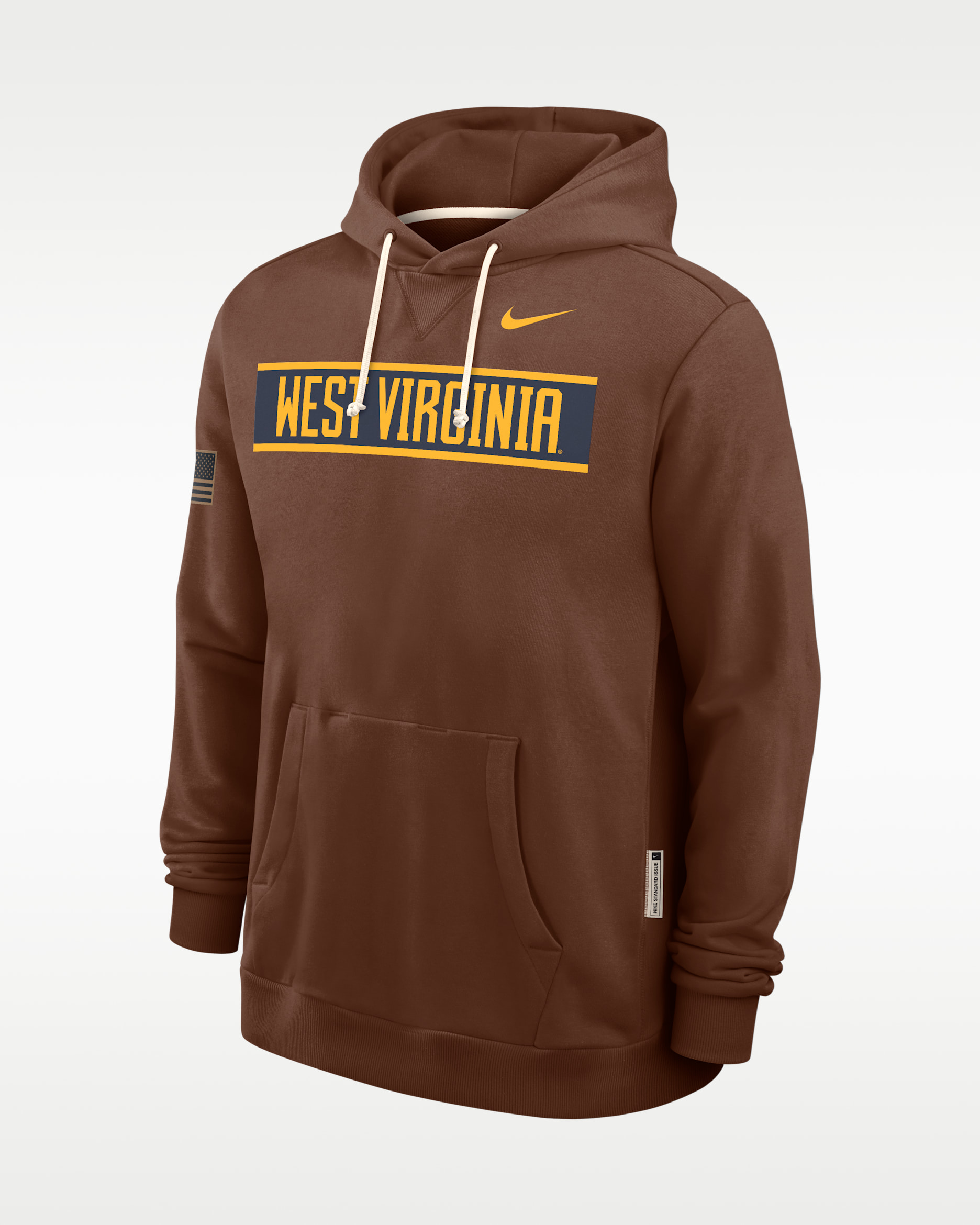 Sudadera con gorro sin cierre universitaria Nike Dri-FIT para hombre West Virginia 2026 Military Appreciation Standard Issue - Marrón