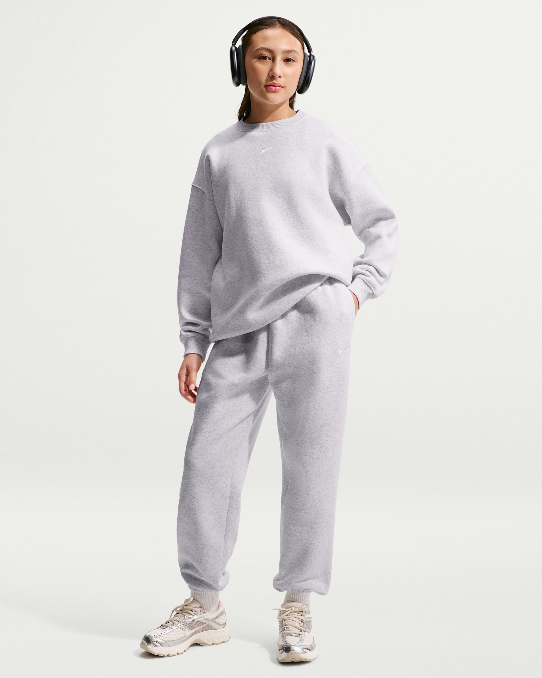 Nike Sportswear Studio Fleece Girls' Loose Pants - Birch Heather/White/White
