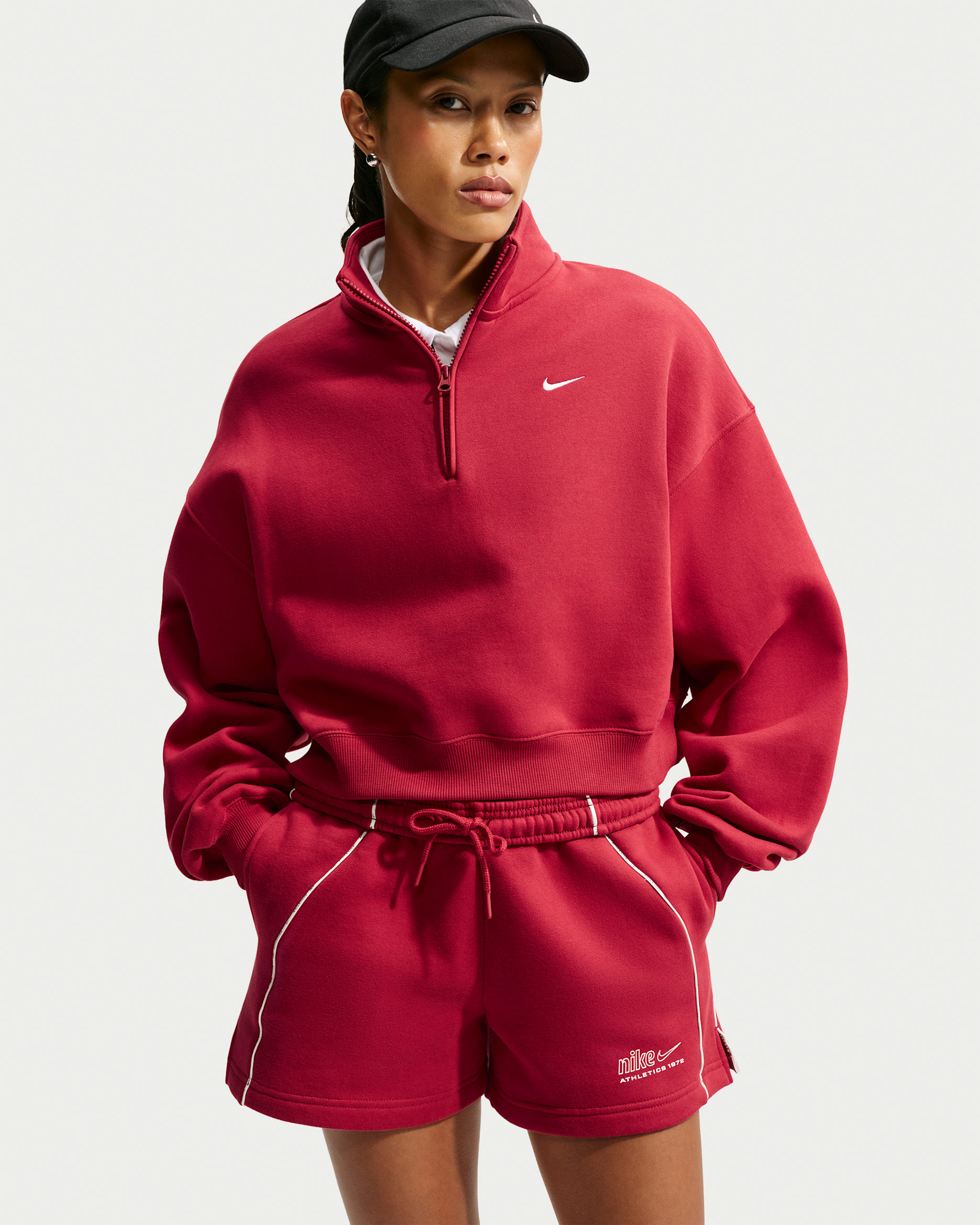 Nike Studio Fleece Medium Weight Women's Oversized 1/4-Zip Cropped Top - Tough Red/Sail