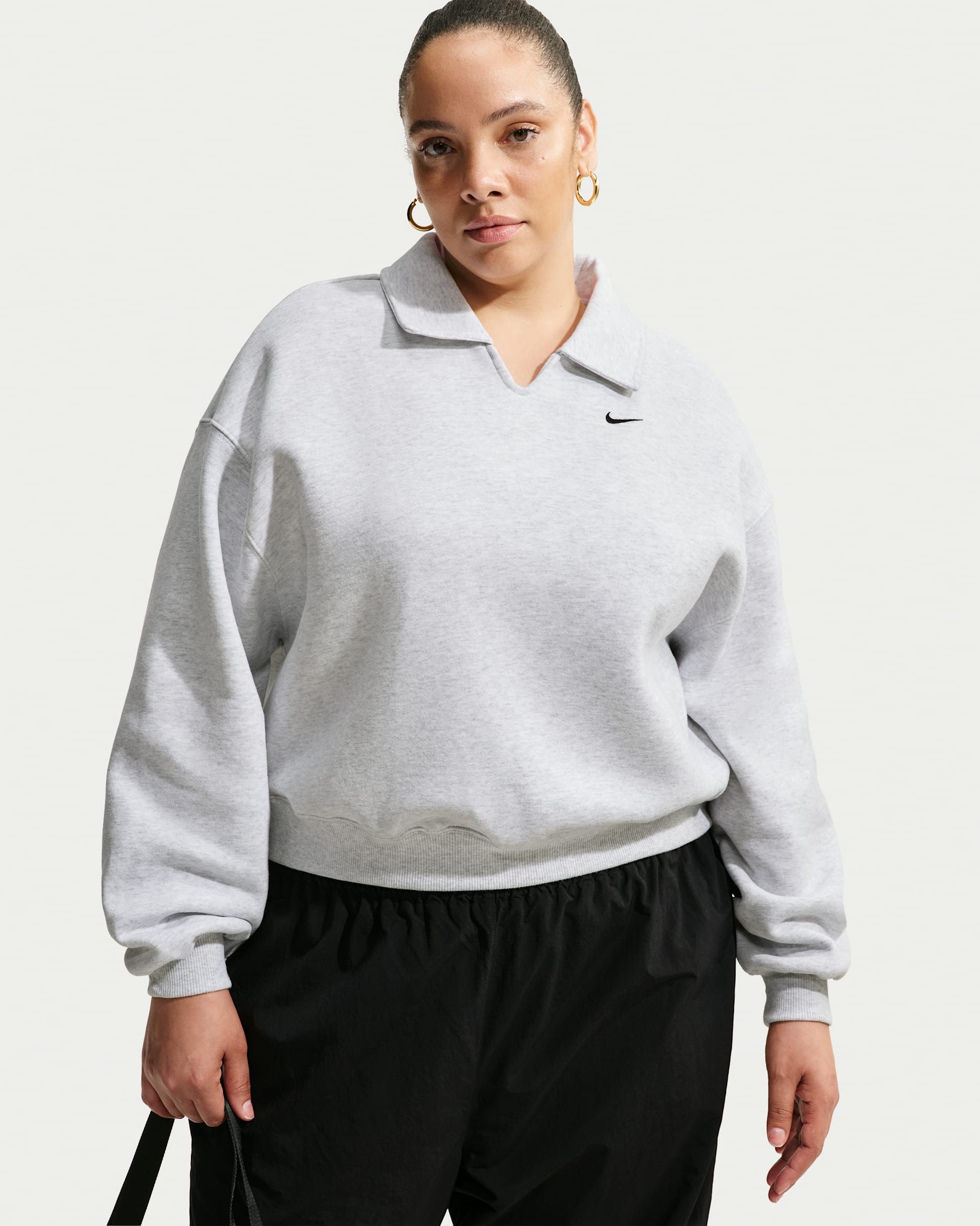 Nike Studio Fleece Medium Weight Women's Oversized Cropped Polo - Birch Heather/Black