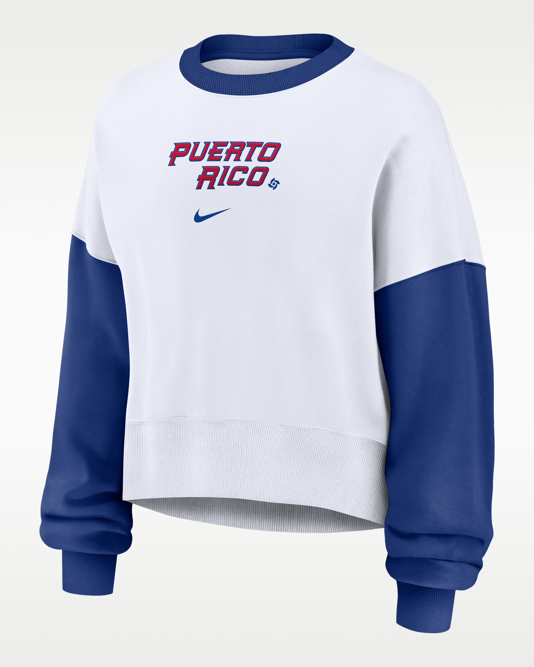 Sudadera de cuello redondo sin cierre Nike para mujer Puerto Rico National Baseball Team 2026 World Baseball Classic - Blanco/Azul enérgico