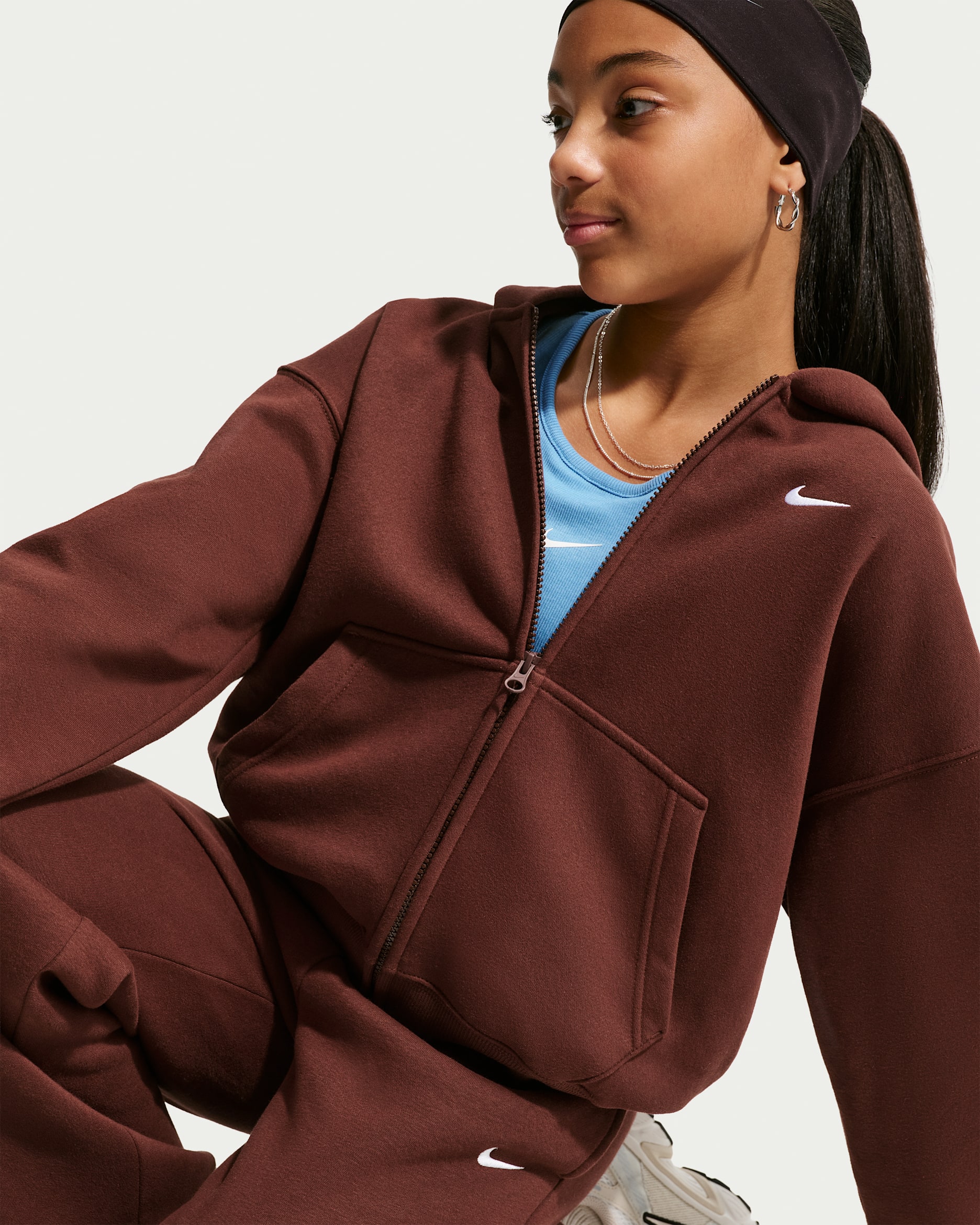 Nike Sportswear Studio Fleece Big Kids' (Girls') Oversized Full-Zip Hoodie - Mystic Dates/White