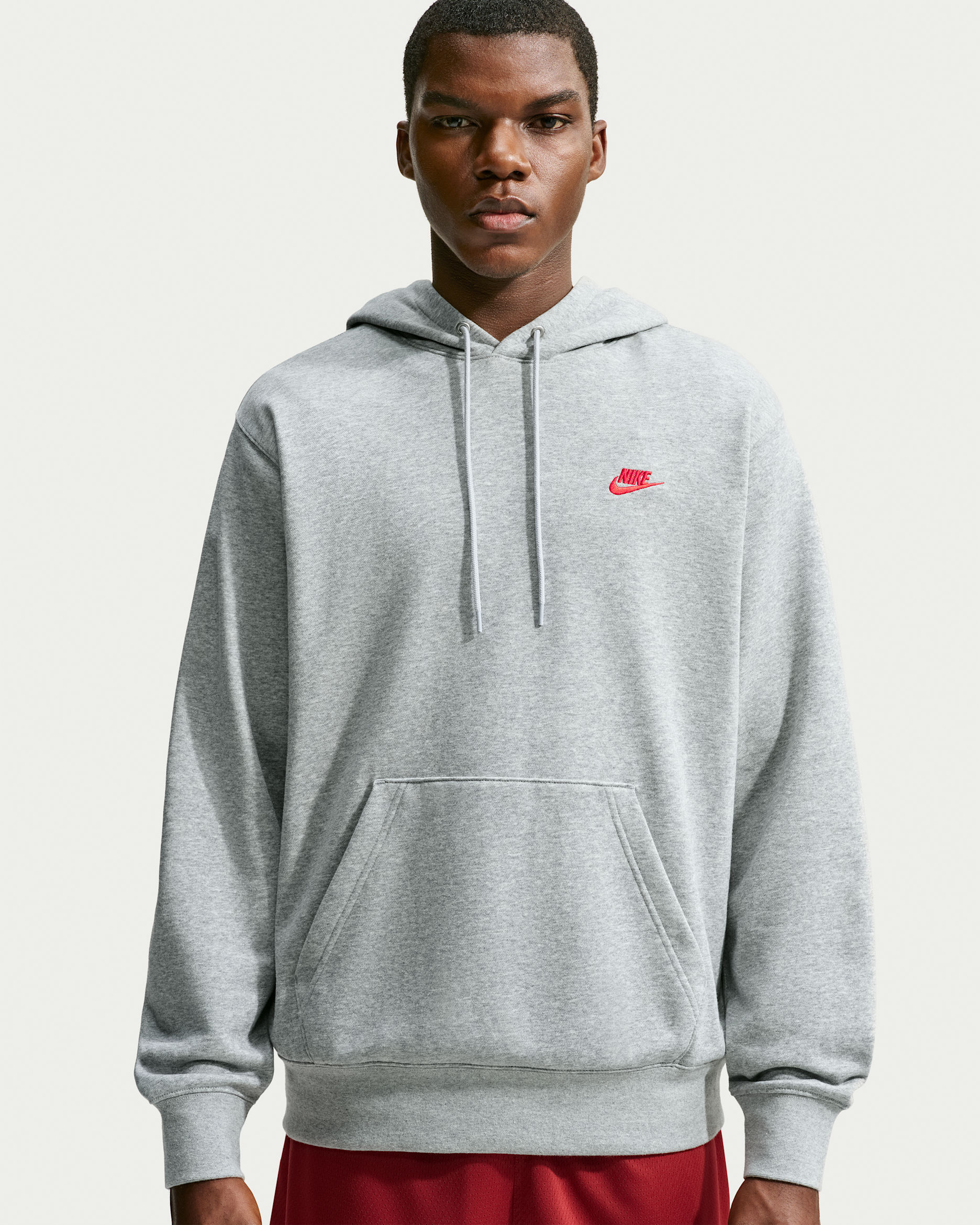 Sudadera con gorro sin cierre de French Terry para hombre Nike Club - Gris oscuro jaspeado/Gris humo claro/Rojo universitario