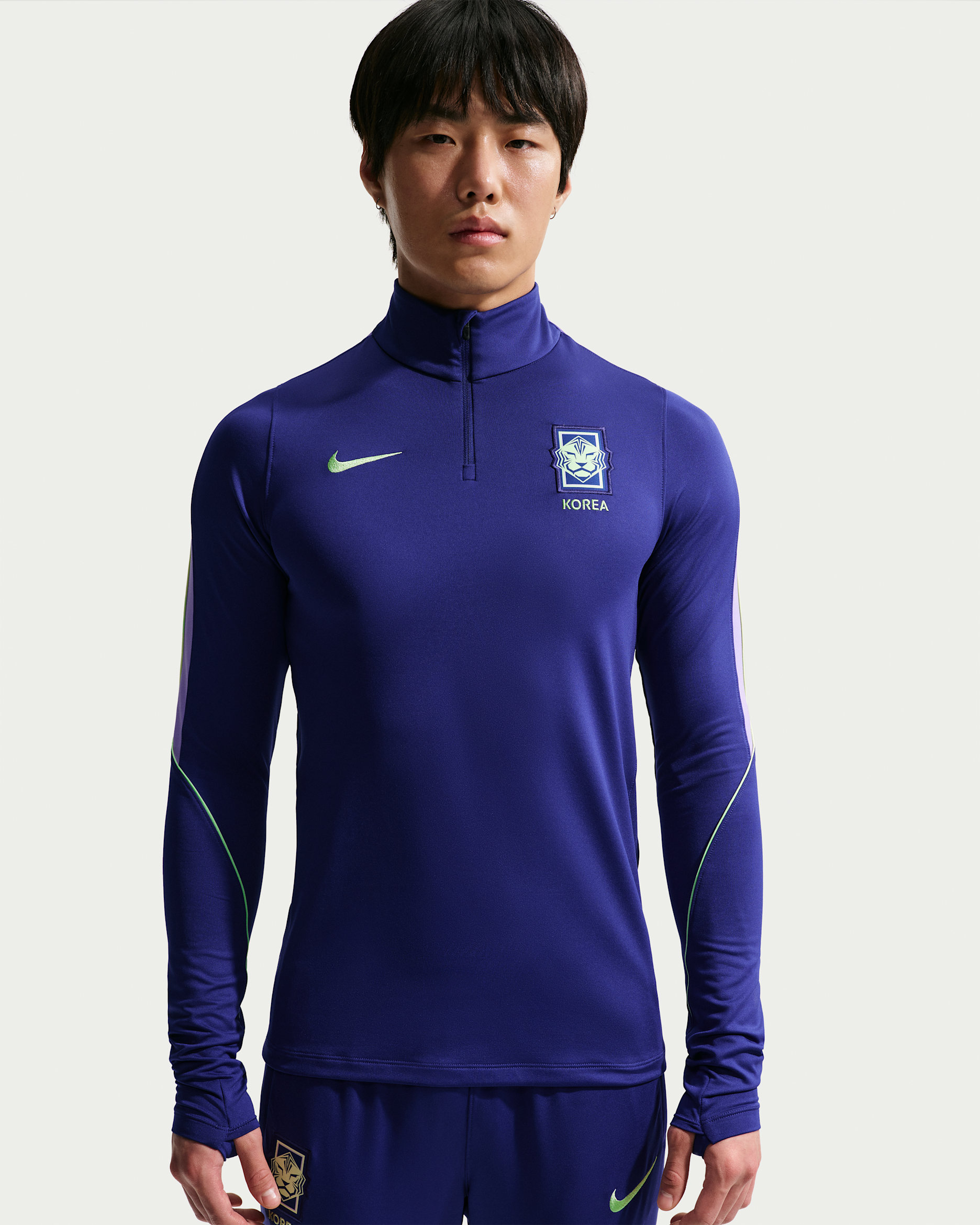 대한민국 스트라이크 남성 나이키 드라이 핏 축구 드릴 탑 - 리전시 퍼플/스페이스 퍼플/라이트 리퀴드 라임