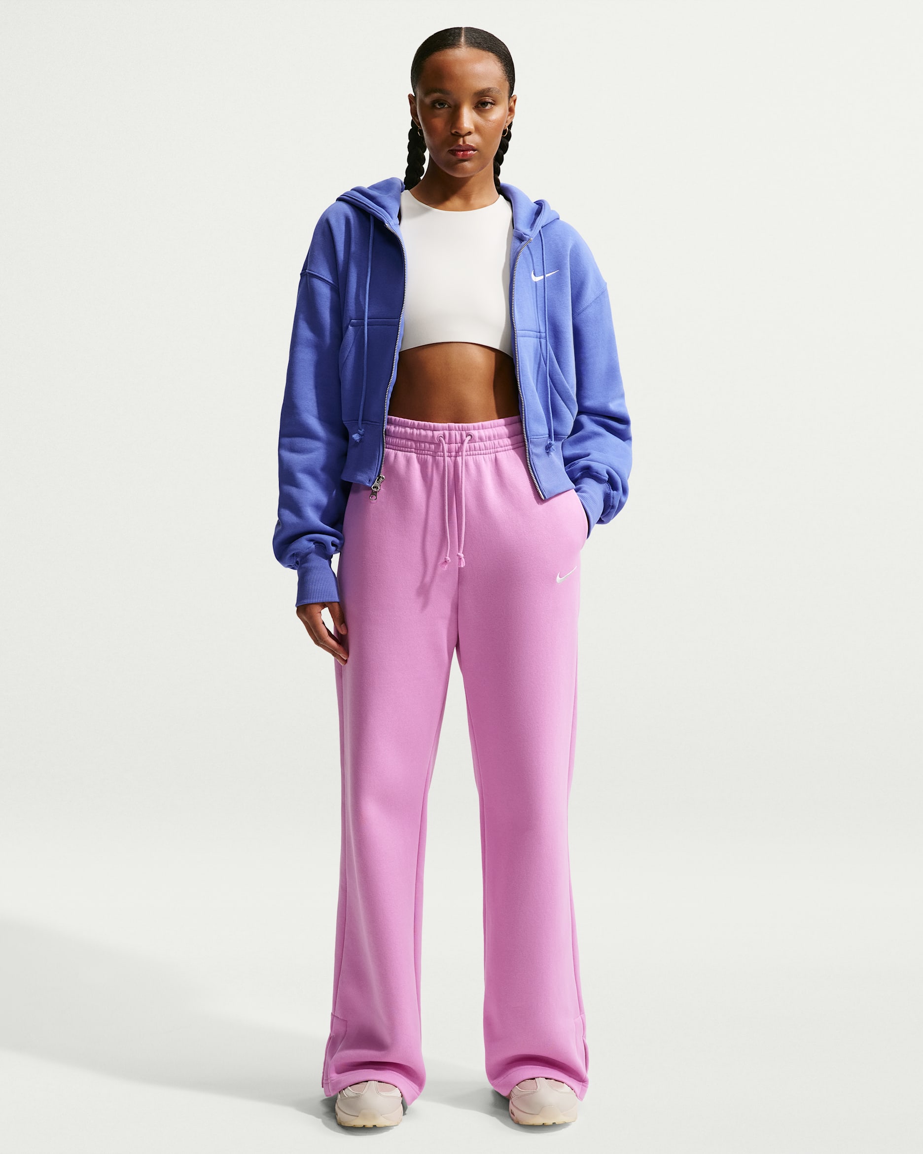 Pants de tiro alto de pierna amplia para mujer Nike Sportswear Phoenix Fleece - Magenta claro/Vela