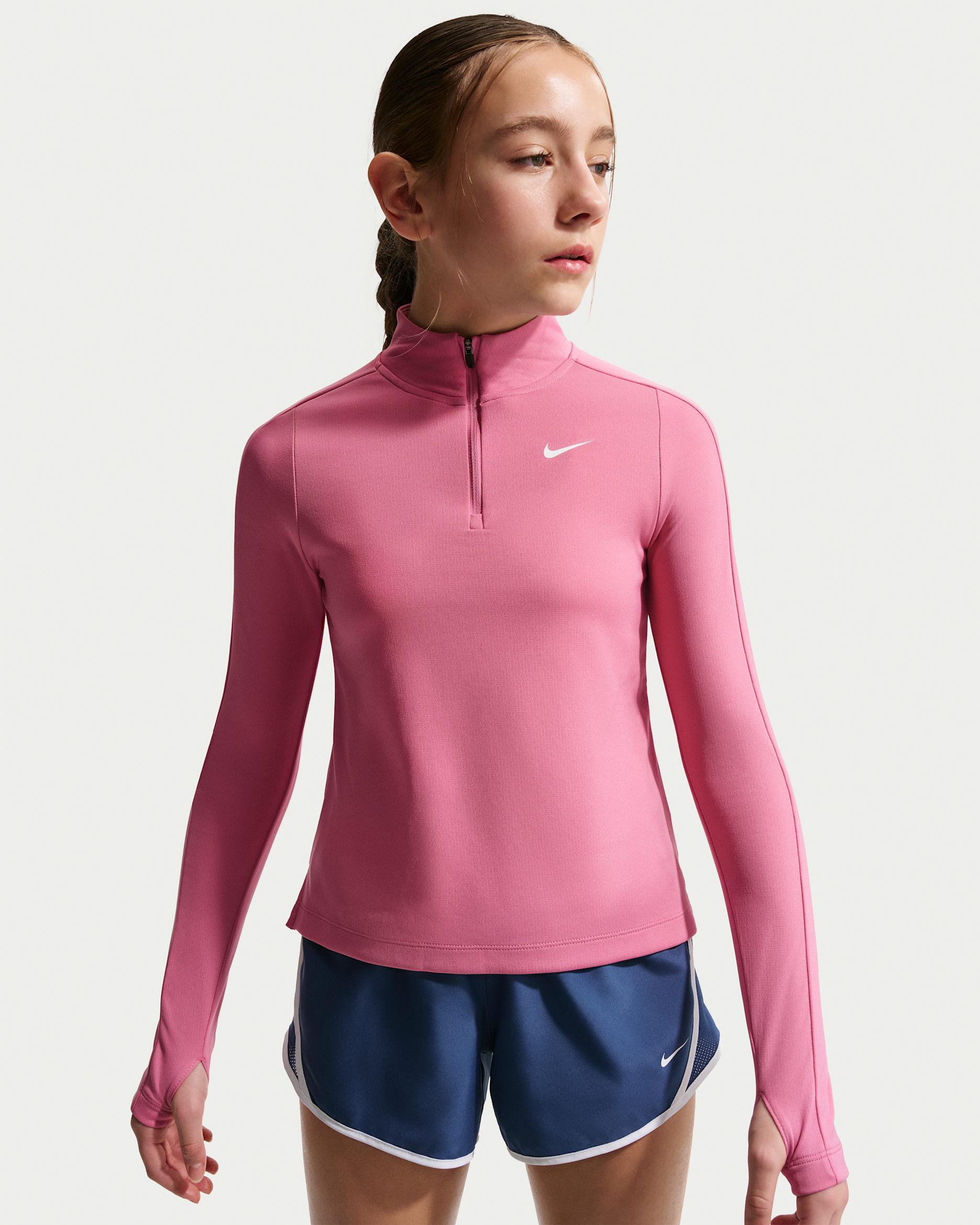 Nike Dri-FIT Uzun Kollu Çeyrek Fermuarlı Kız Çocuk Üstü - Peony/Beyaz