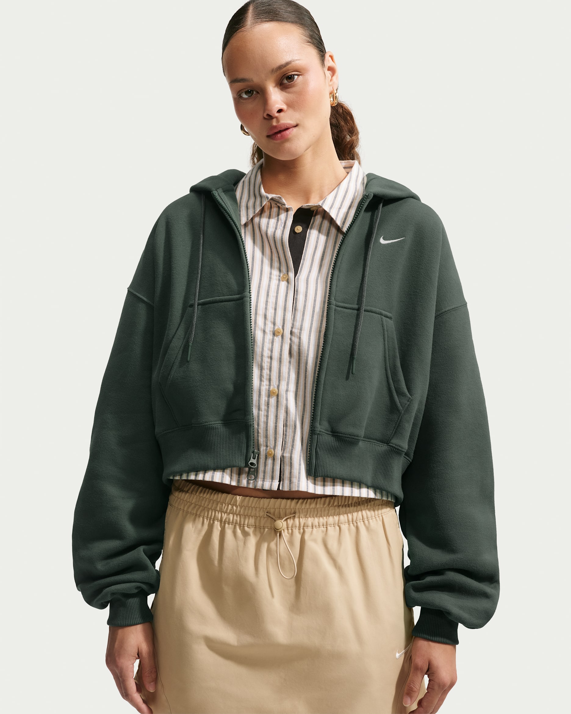 Nike Studio Fleece Medium Weight Women's Oversized Full-Zip Cropped Hoodie - Camo Green/Sail