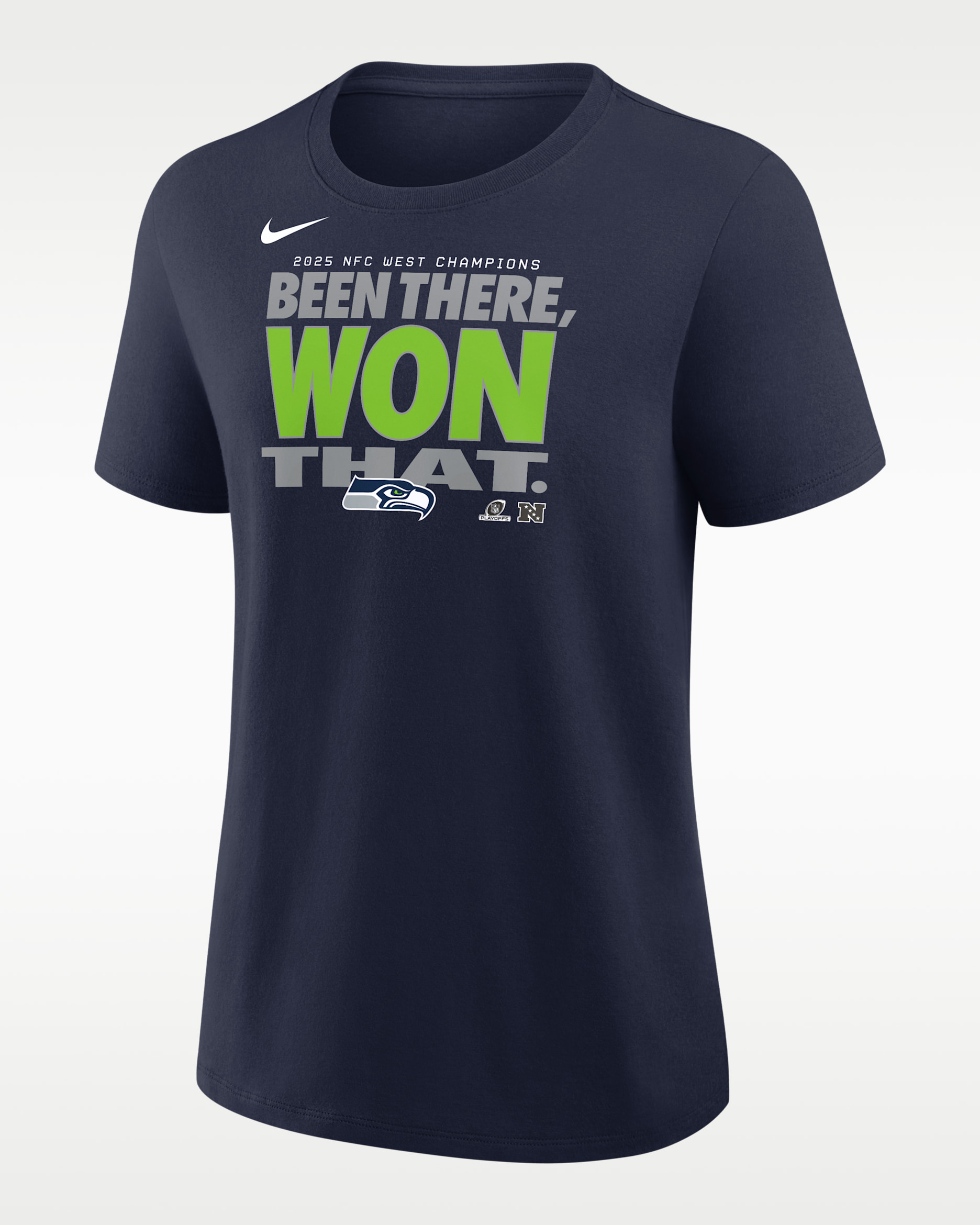 Seattle Seahawks 2025 NFC West Champions Trophy Women's Nike NFL T-Shirt - Navy