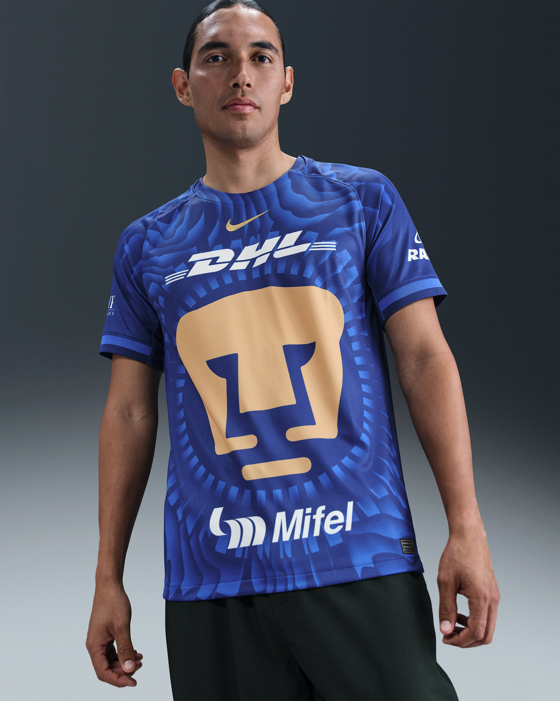 Pumas UNAM 2025/26 Stadium idegenbeli Nike Dri-FIT férfi replika futballmez - Deep Royal Blue/Club Gold