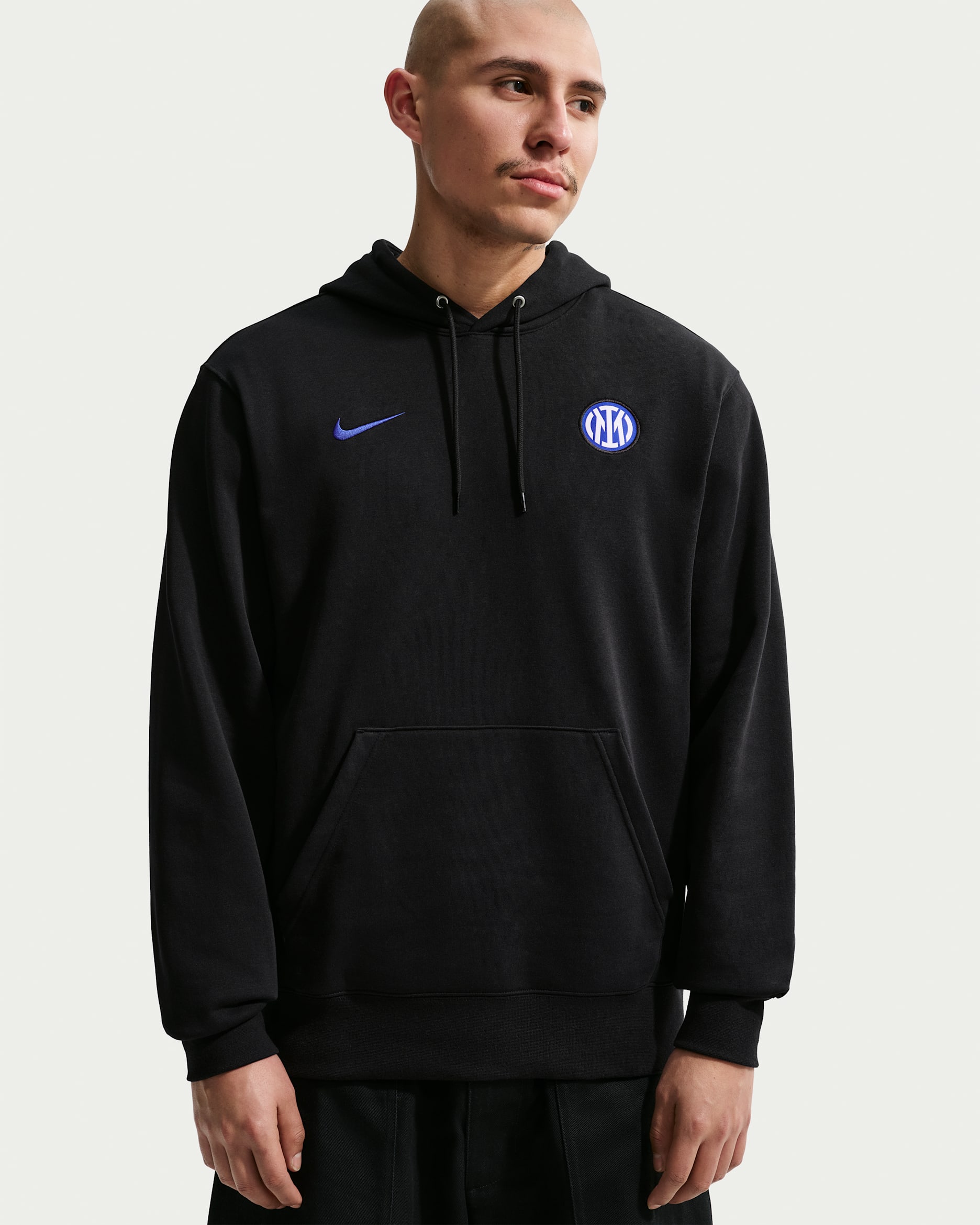 Inter Milan Club Men's Nike Soccer French Terry Pullover Hoodie - Black/Lyon Blue