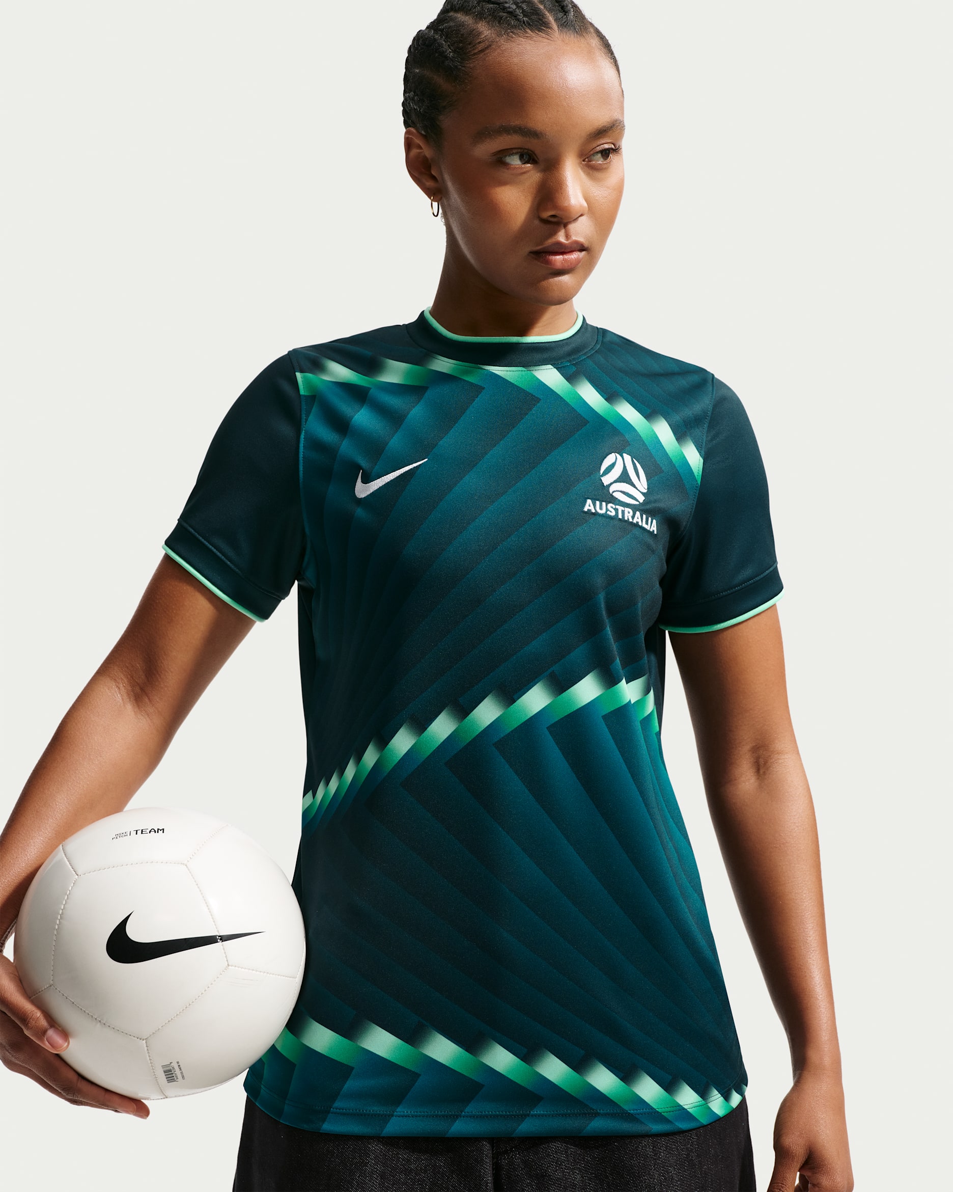 Australia Women's Nike Dri-FIT Football Pre-Match Short-Sleeve Top - Midnight Spruce/Green Glow/Sail