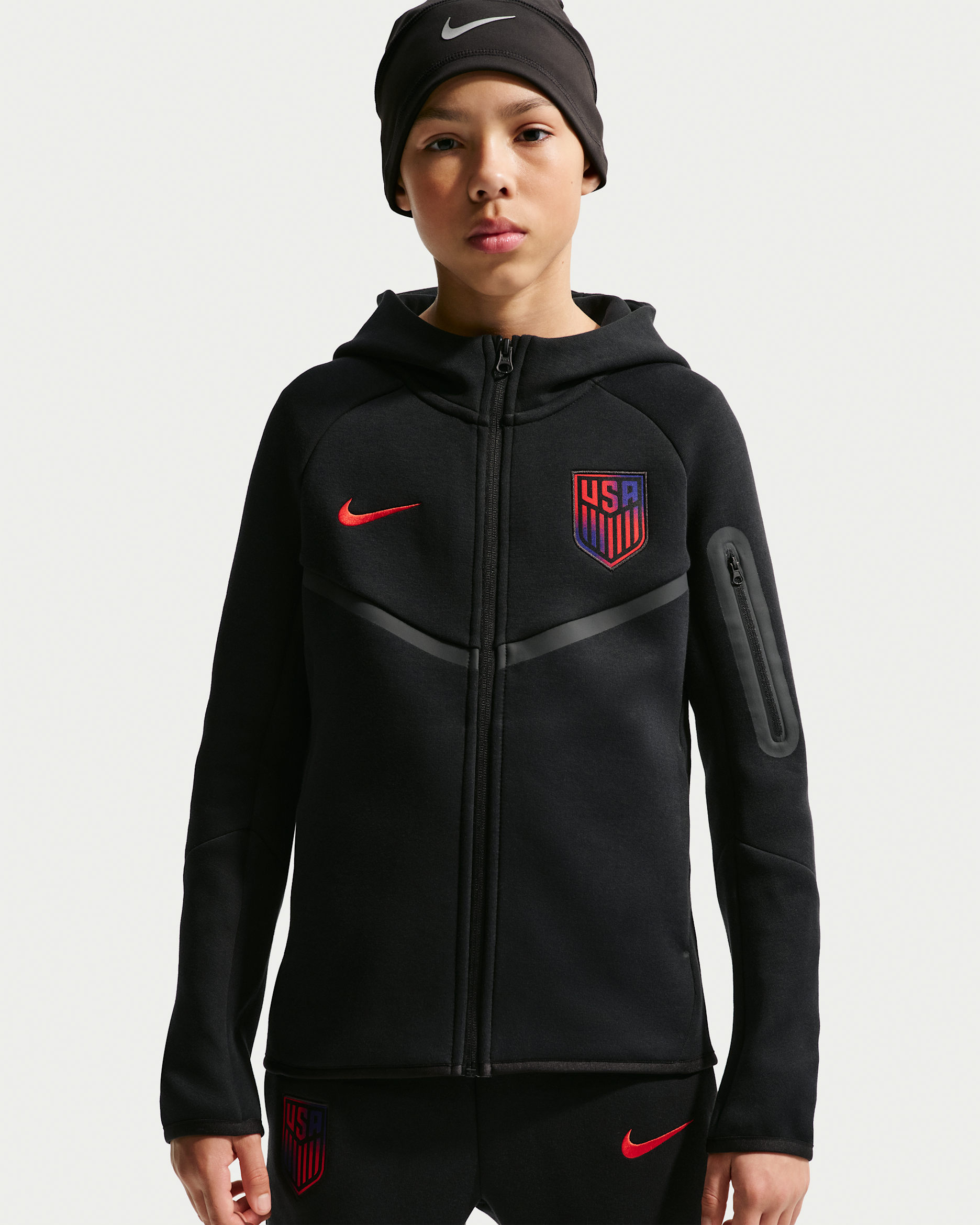 USMNT Tech Fleece Big Kids' (Boys') Nike Soccer Full-Zip Hoodie - Black/Challenge Red