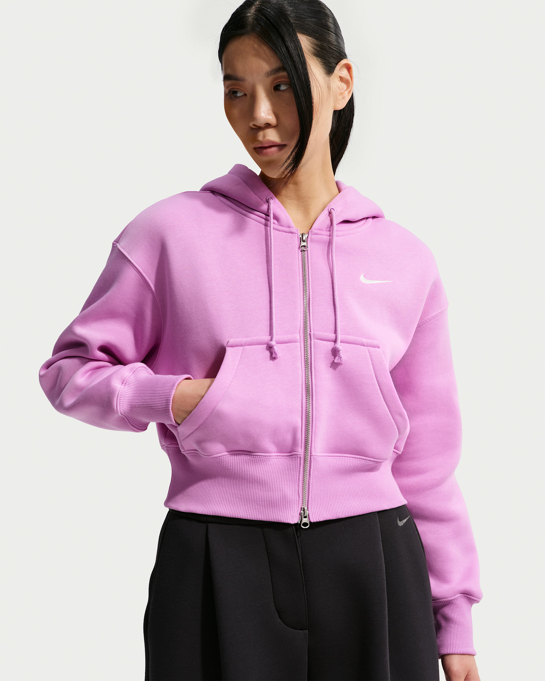 나이키 스포츠웨어 피닉스 플리스 여성 루즈 풀집 크롭 후디 - 라이트 마젠타/세일