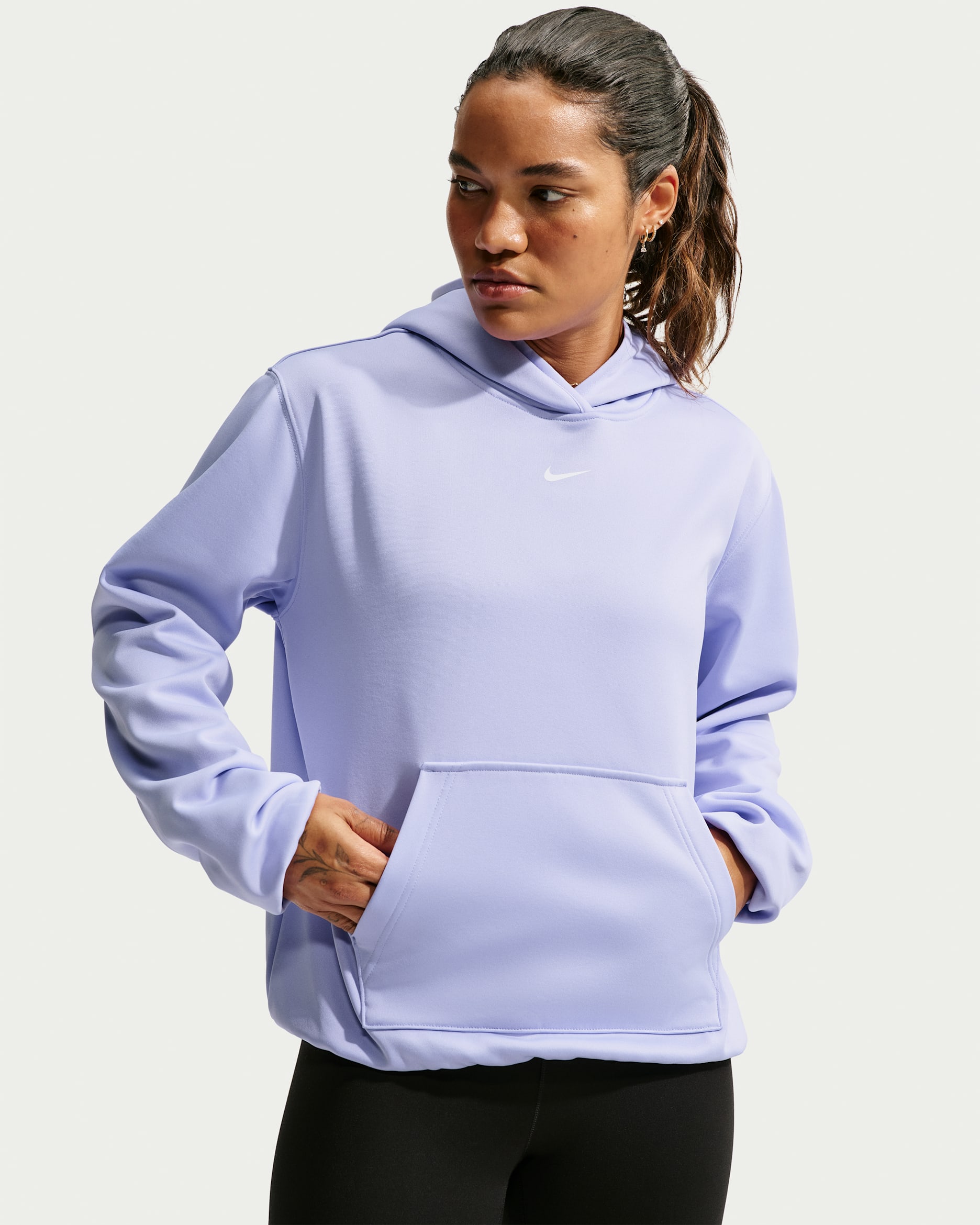 Sudadera con gorro sin cierre Therma-FIT para mujer Nike Studio Fleece Sport - Morado pulso/Blanco