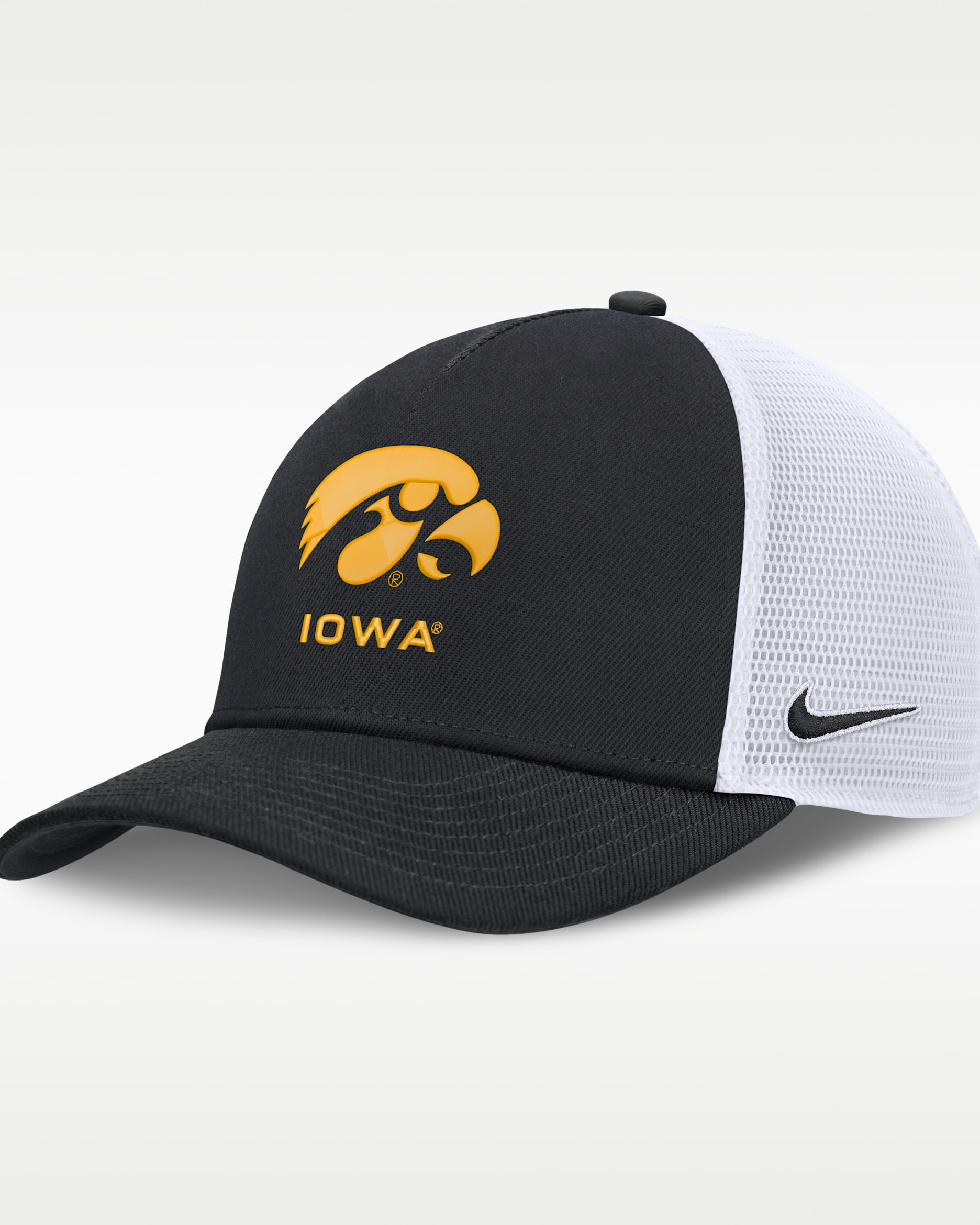 Iowa Sideline Rise Gameday Men's Nike College Trucker Adjustable Hat - Black/White