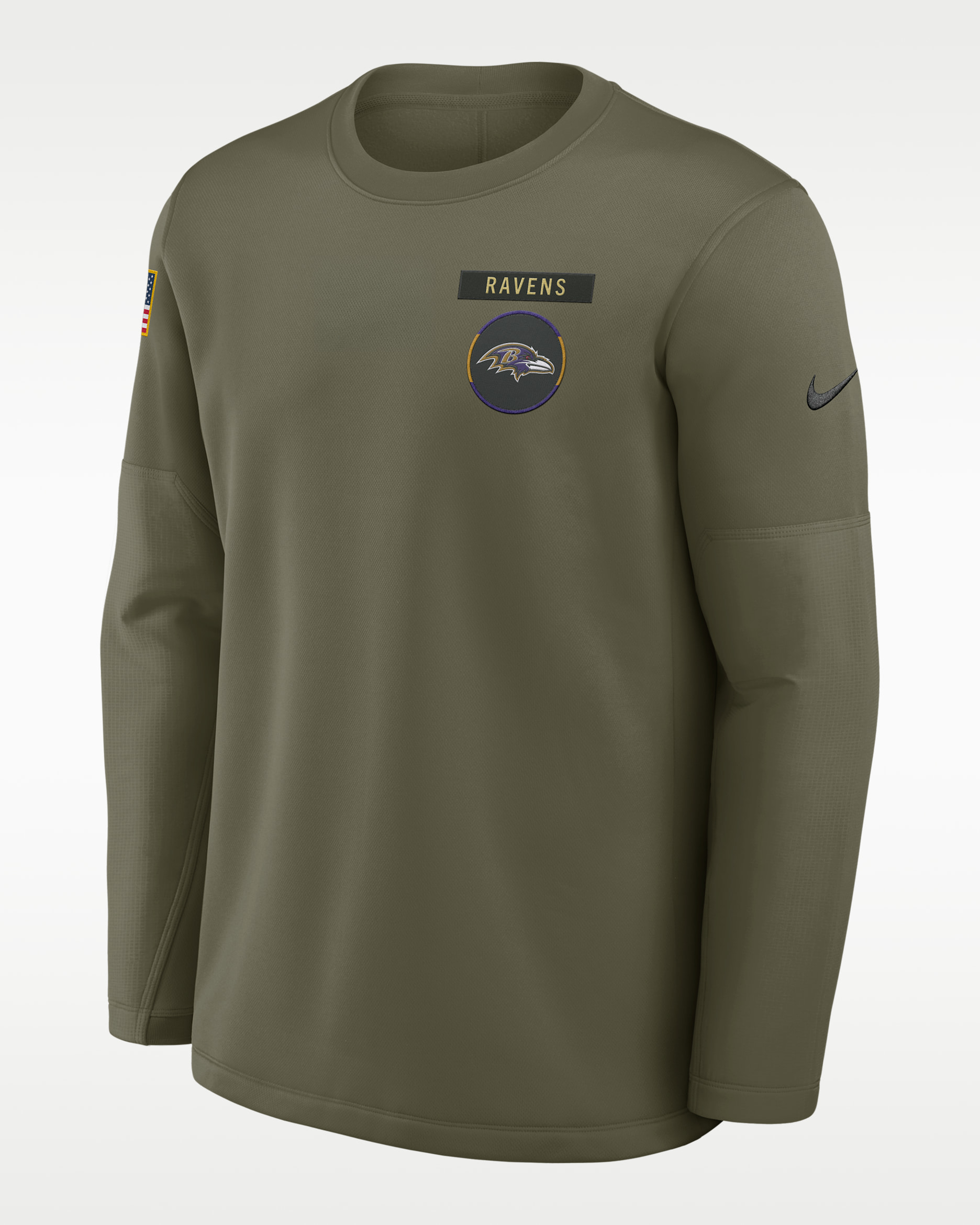 Baltimore Ravens Salute to Service Sideline Triumphant Win Coach Men's Nike NFL Pullover Crew - Olive