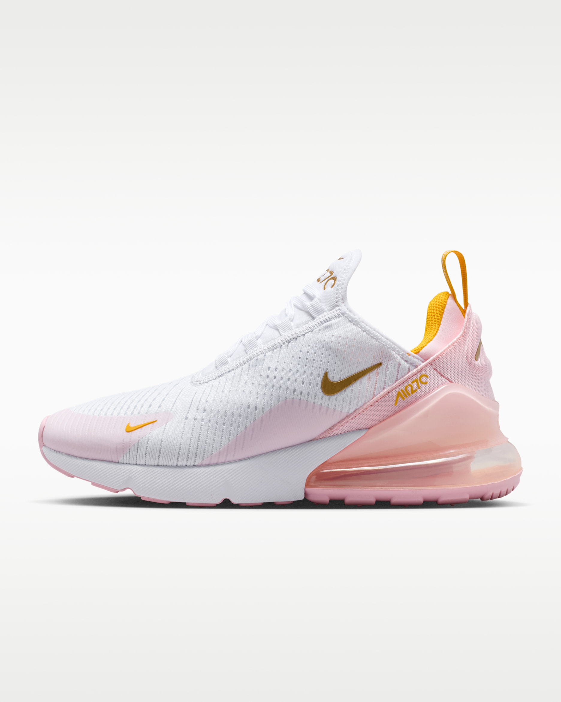 Tenis para mujer Nike Air Max 270 - Blanco/Oro universitario/Espuma rosa/Oro metalizado