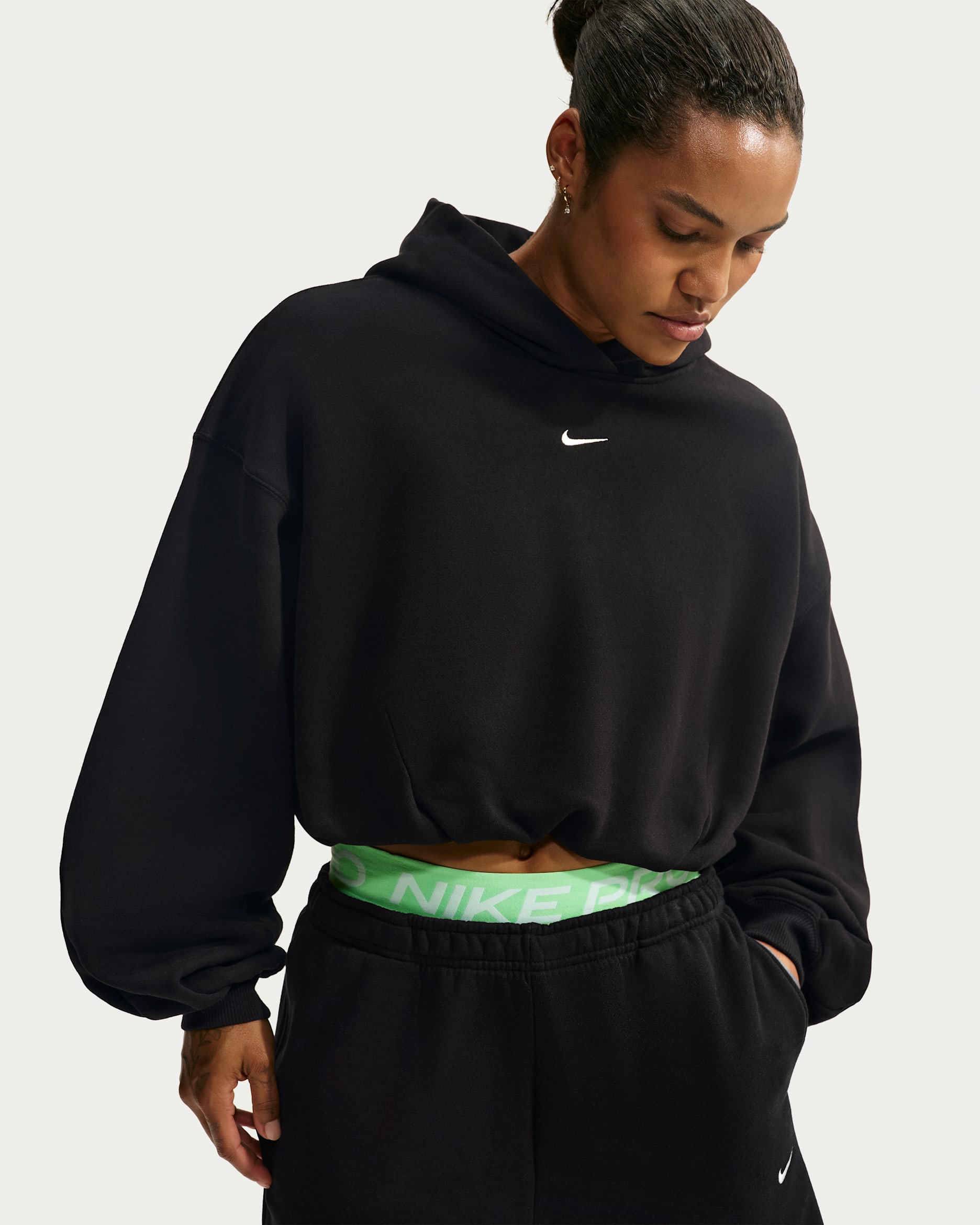 Nike Studio Fleece Medium Weight Women's Oversized Cropped Hoodie - Total Black/Sail