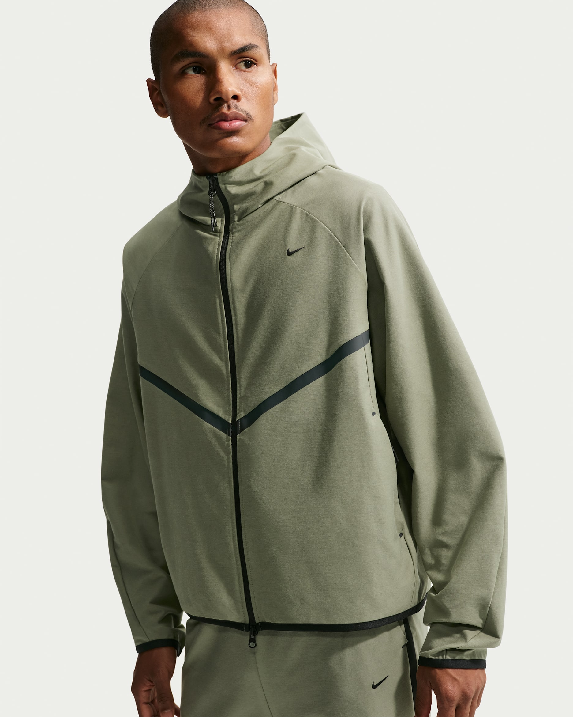 Stickad jacka Nike Tech Shori Windrunner med hel dragkedja för män - Silver Sage/Svart