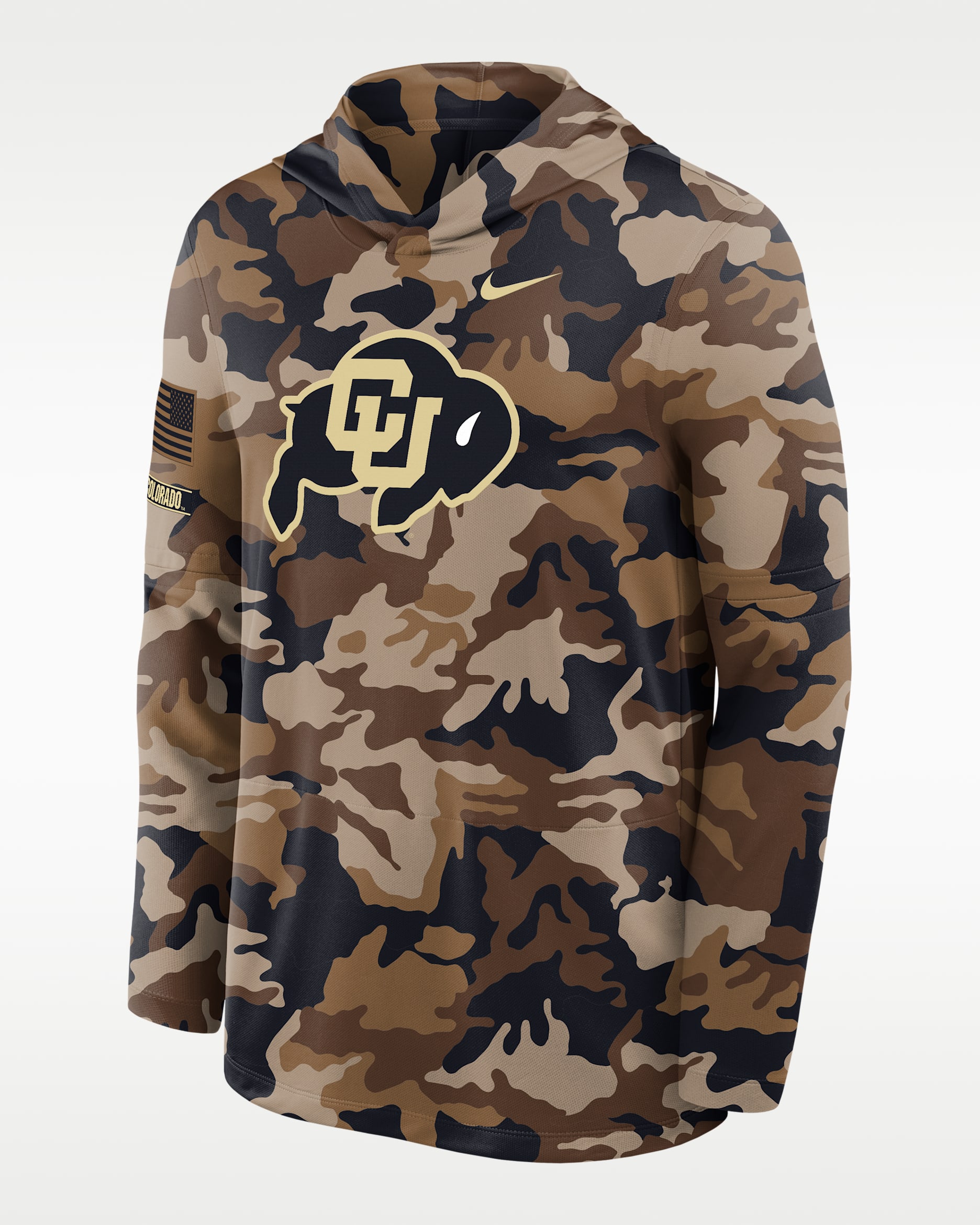 Sudadera con gorro de manga larga universitaria Nike Dri-FIT para hombre Colorado 2026 Military Appreciation - Marrón cerveza/Verde camuflaje