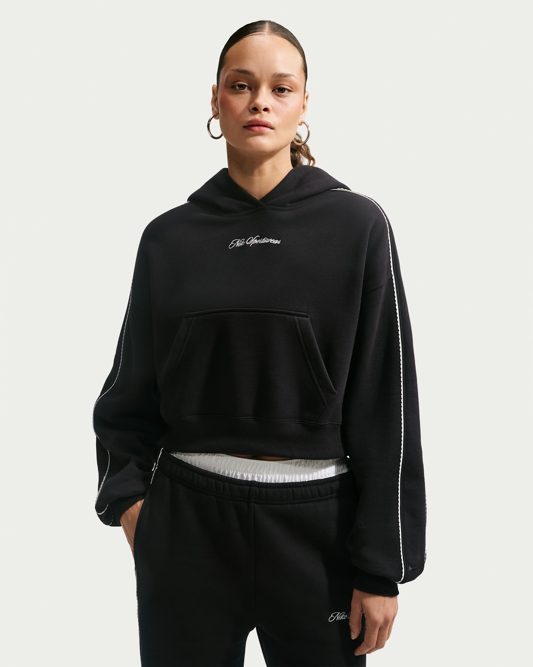 Nike Studio Fleece Medium Weight "Graphic Pack" Women's Cropped Pullover Hoodie - Total Black/Sail/Total Black