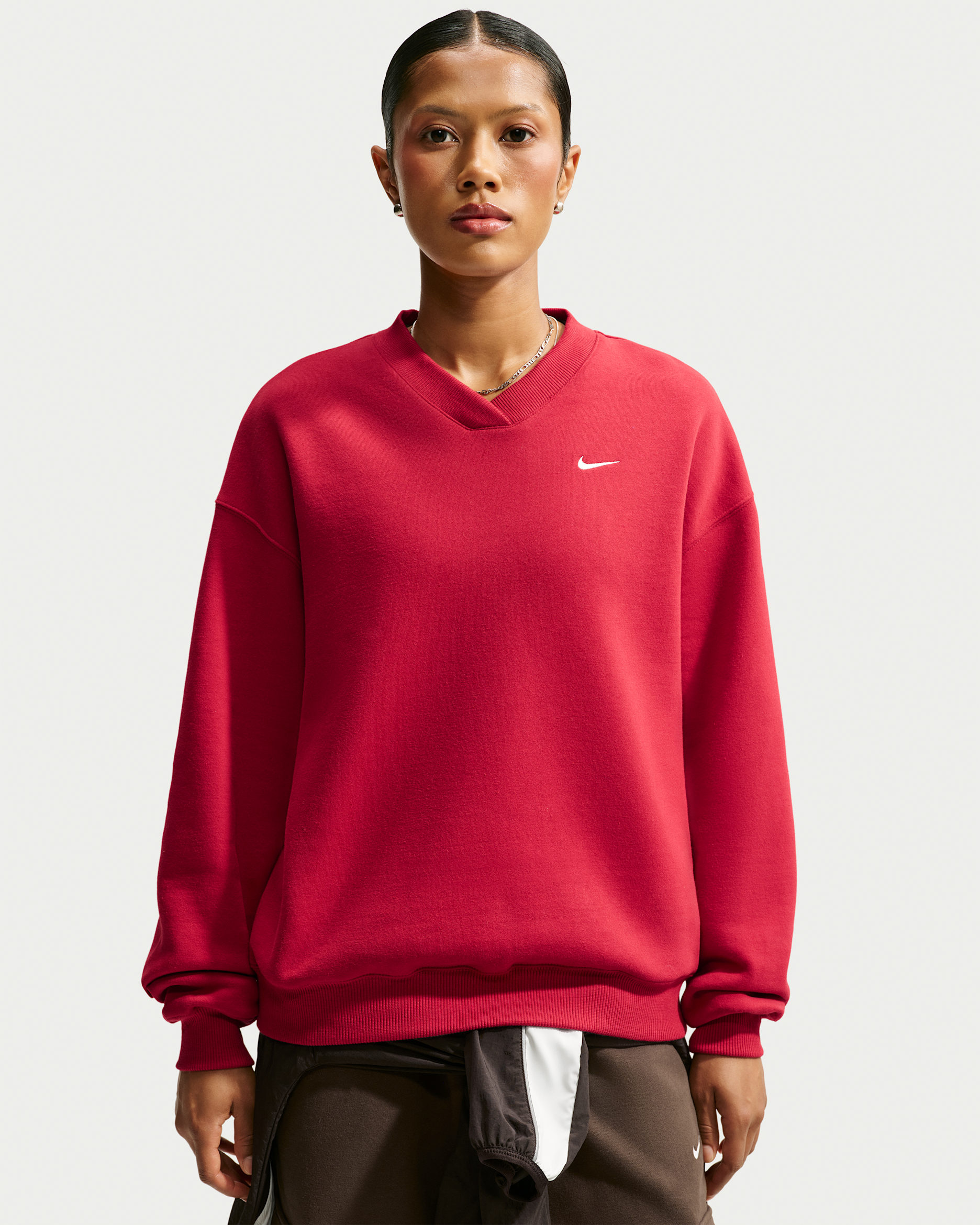 Nike Studio Fleece Medium Weight Women's Oversized V-Neck Top - Tough Red/Sail