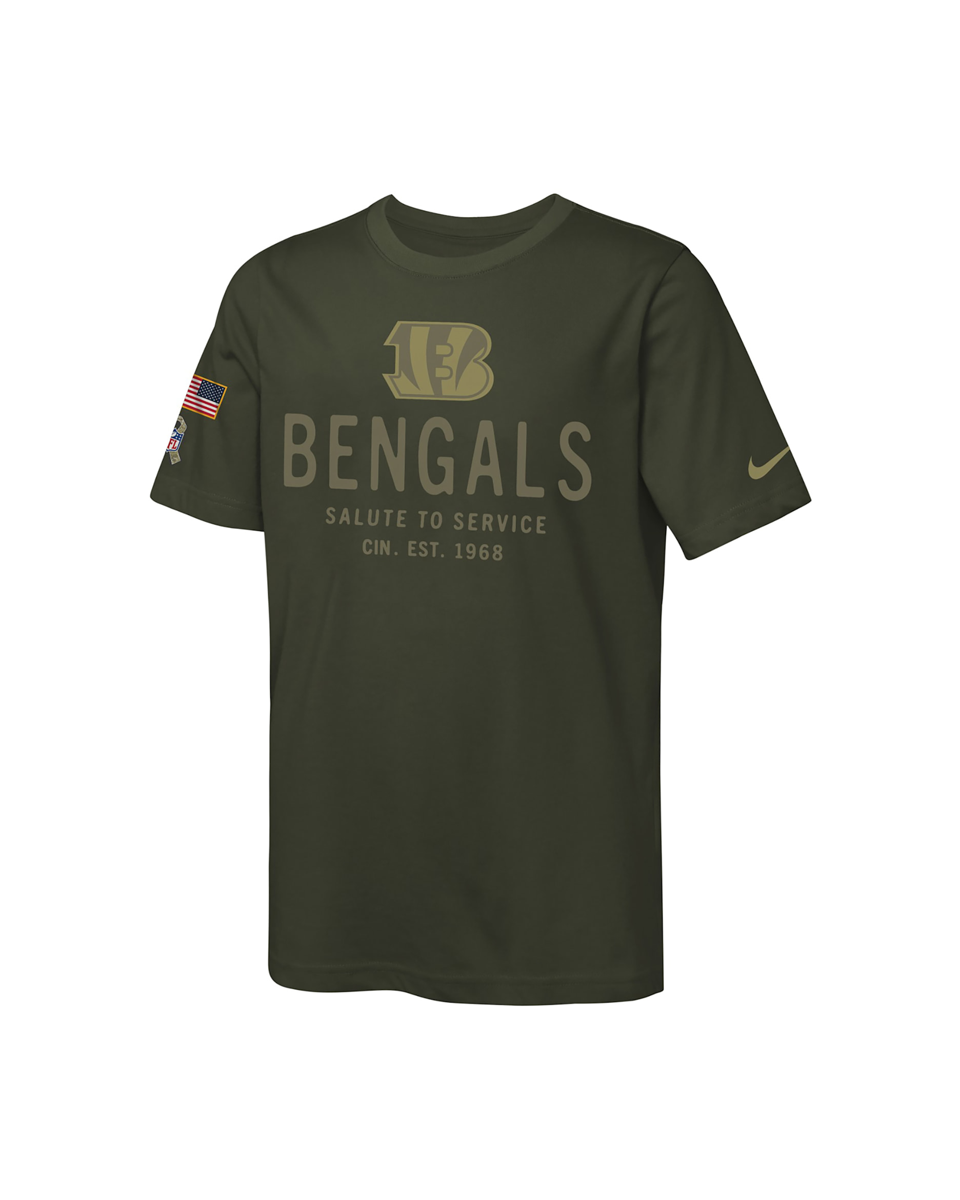 Cincinnati Bengals Salute to Service Sideline Big Kids’ Nike Dri-FIT NFL T-Shirt - Olive