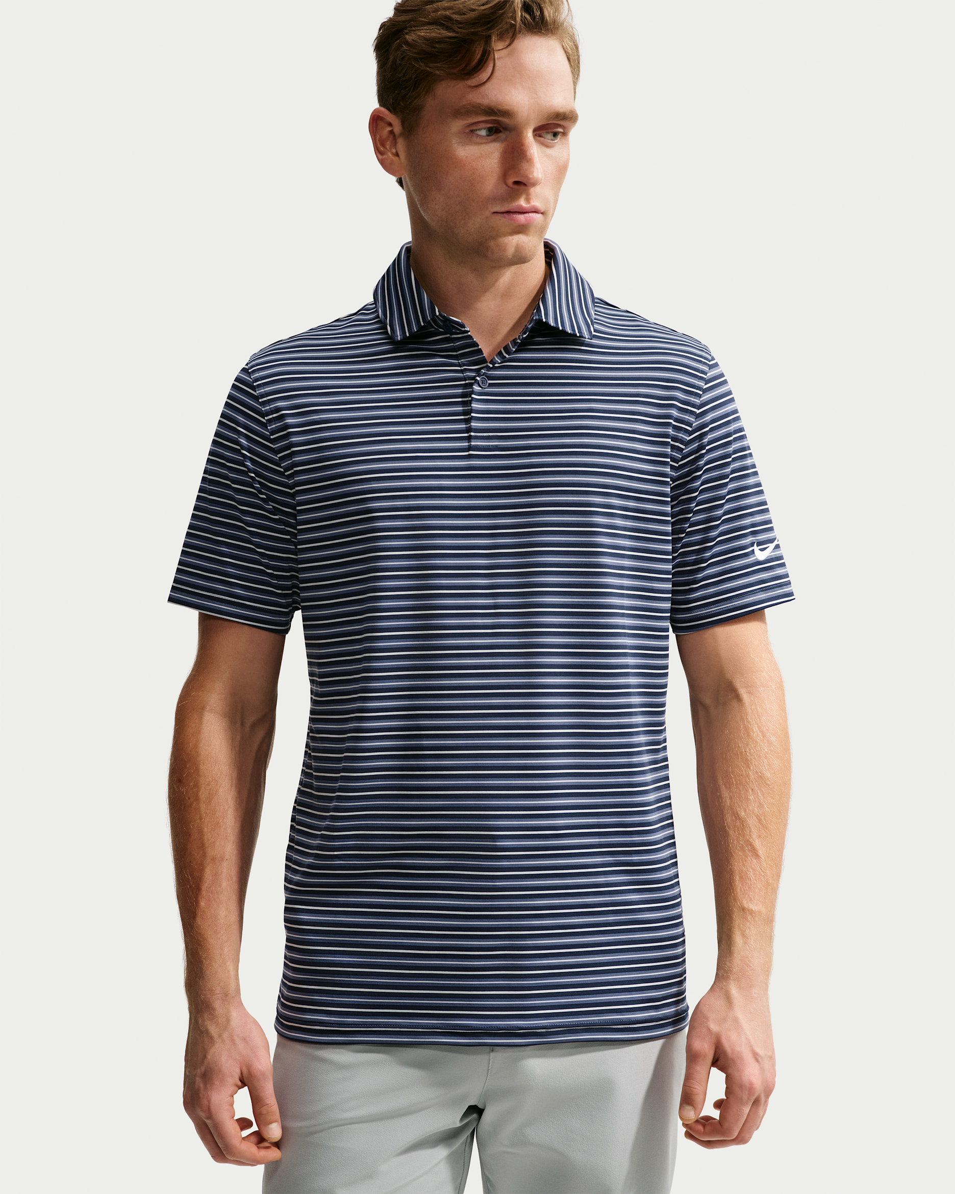 Polo de golf a rayas Dri-FIT para hombre Nike Velocity - Azul difuso/Azul marino medianoche/Blanco