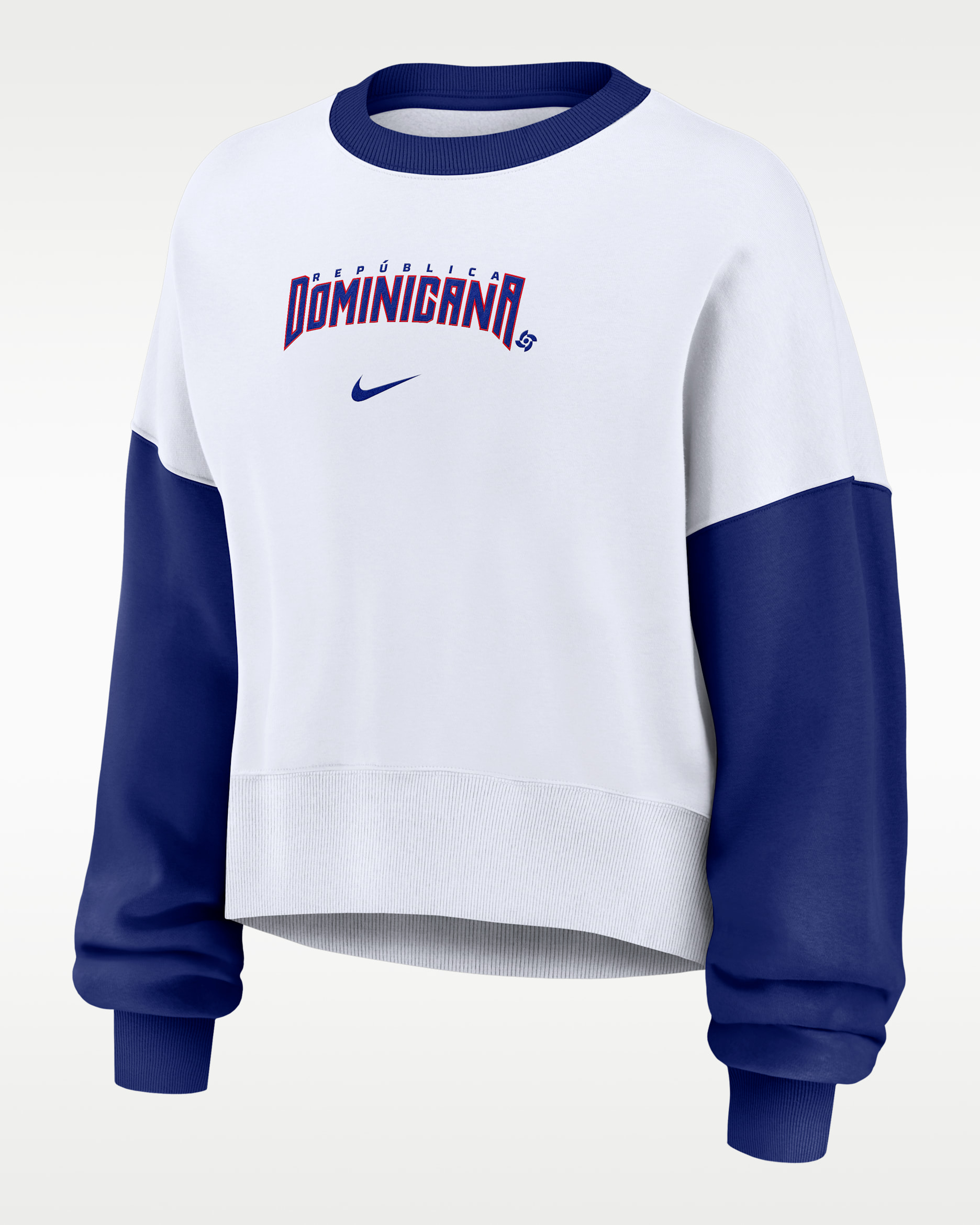 Sudadera de cuello redondo sin cierre Nike para mujer Dominican Republic National Baseball Team 2026 World Baseball Classic - Blanco/Royal intenso