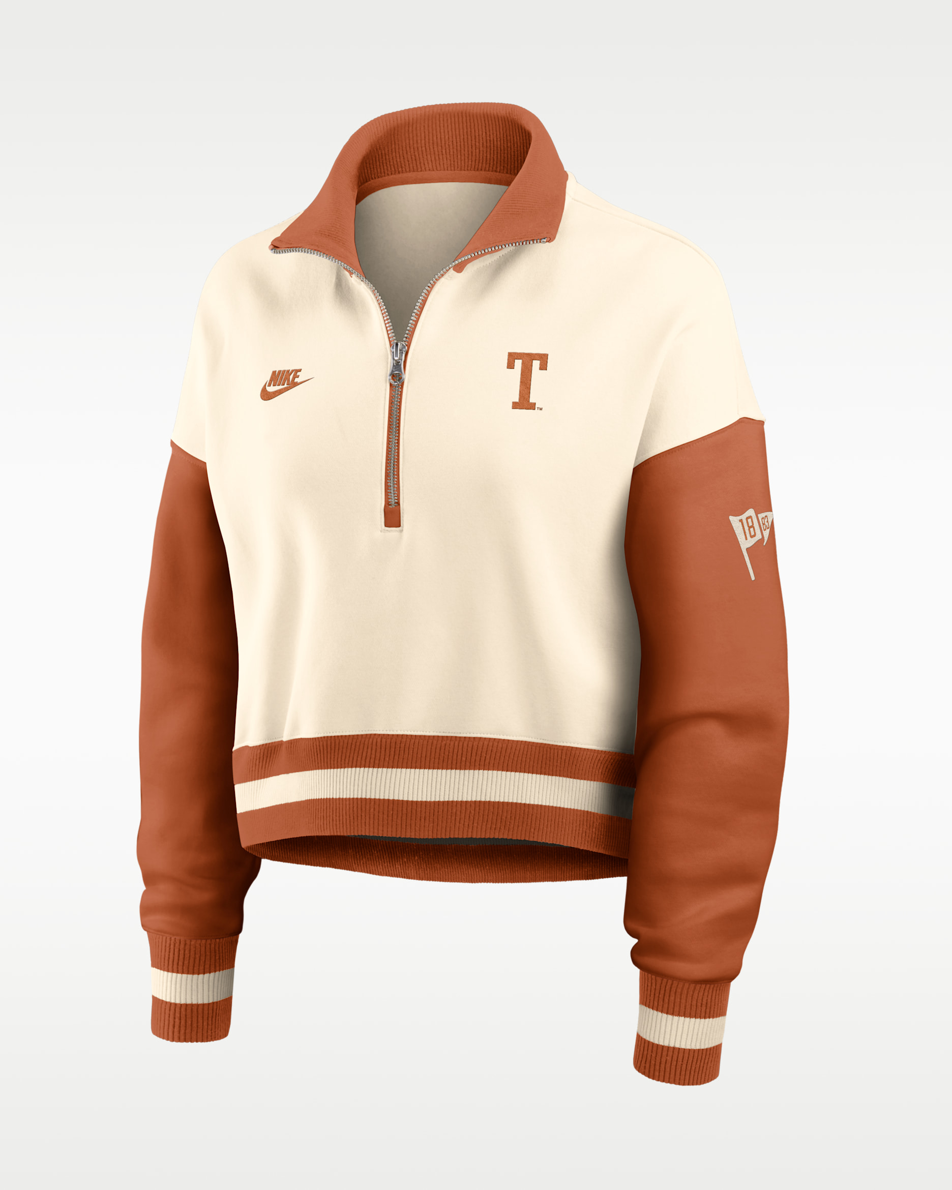 Texas Legacy Women's Nike College Cropped Oversized 1/4-Zip Crew - Natural/Desert Orange