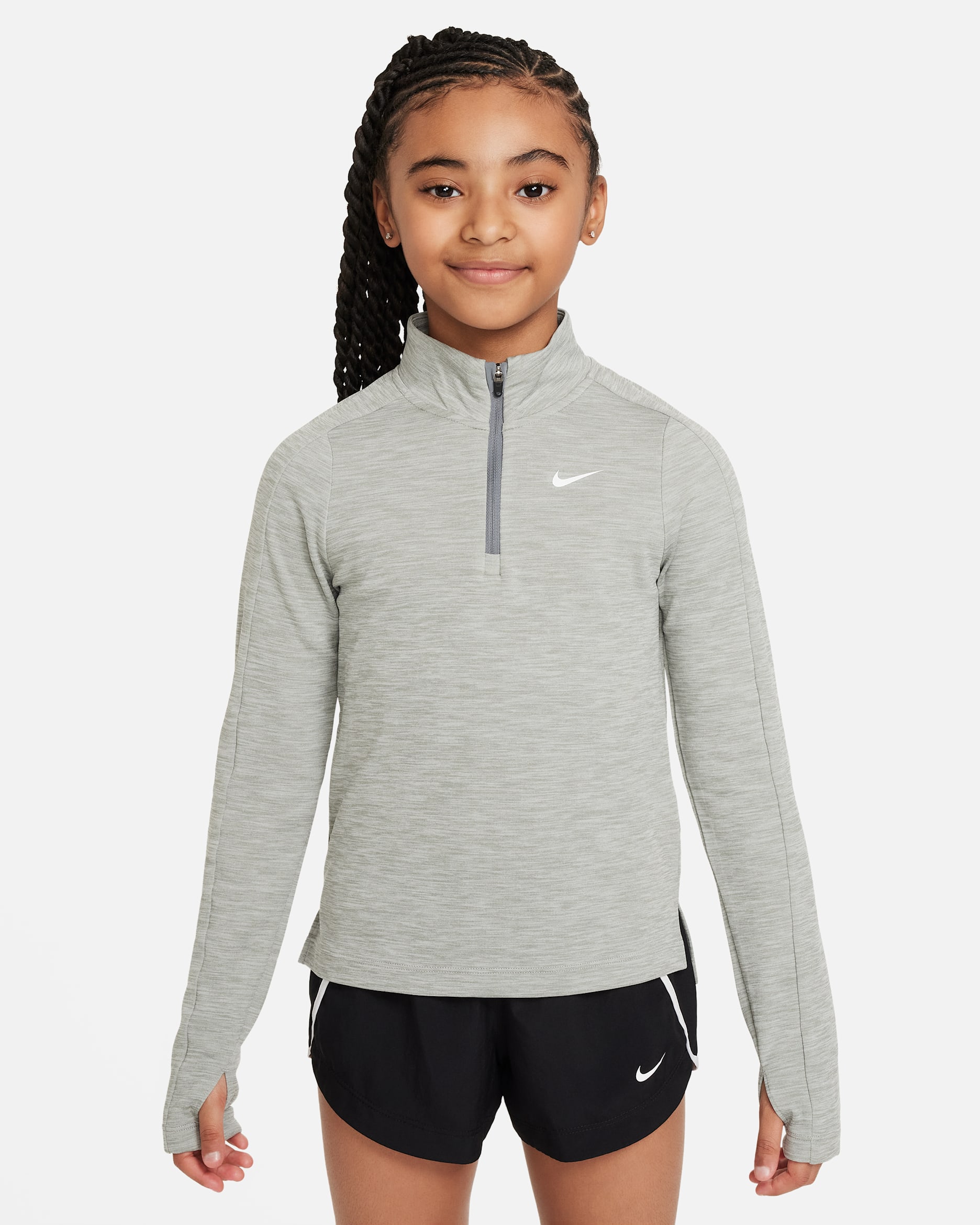 Playera de manga larga Dri-FIT con cierre de 1/4 para niña Nike - Gris oscuro jaspeado/Blanco