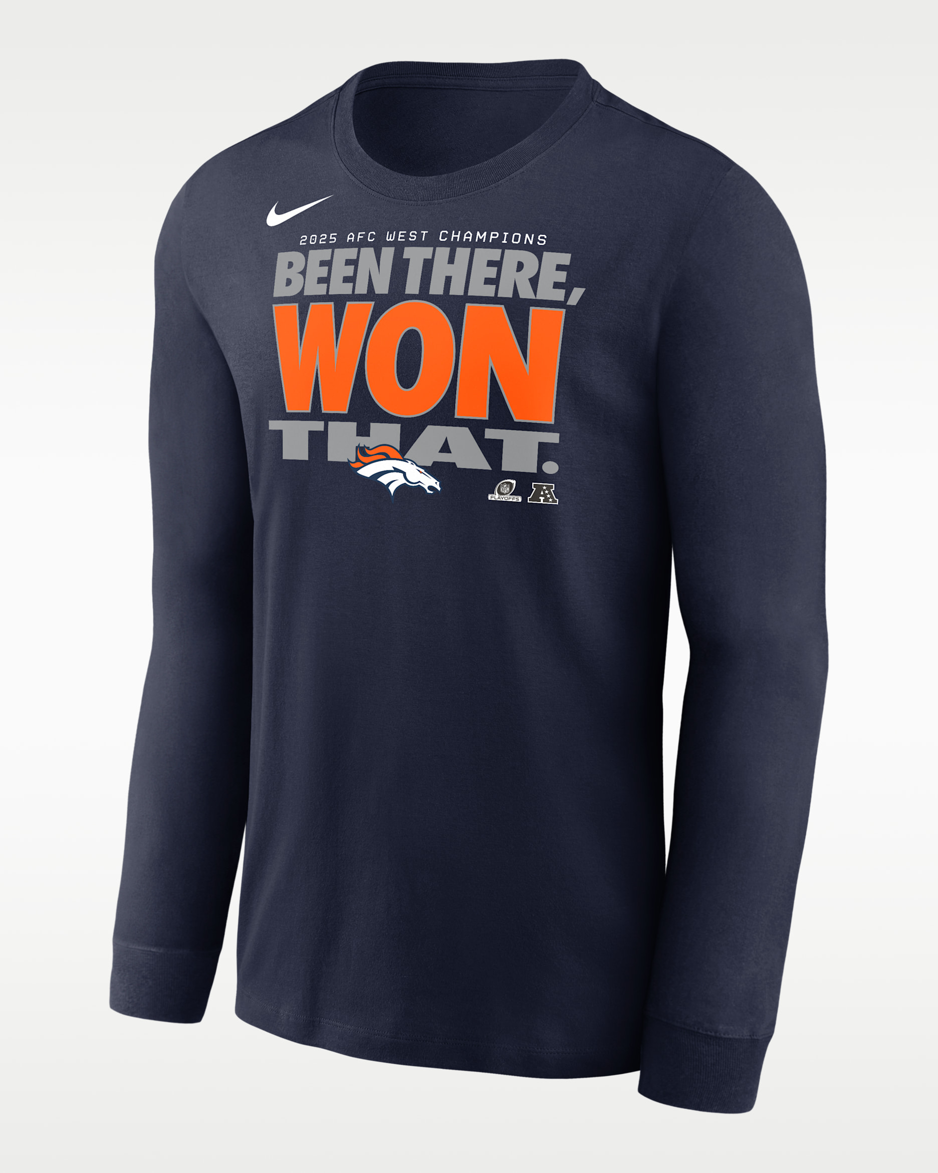 Playera de manga larga Nike de la NFL para hombre Denver Broncos 2025 AFC West Champions Trophy Collection - Azul marino/Naranja/Gris/Blanco