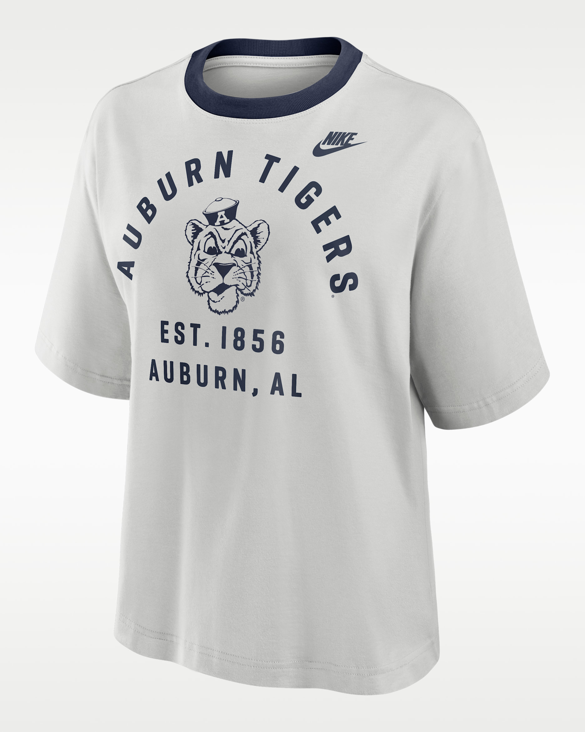 Playera universitaria Nike para mujer Auburn Legacy Arch Script Boxy - Gris