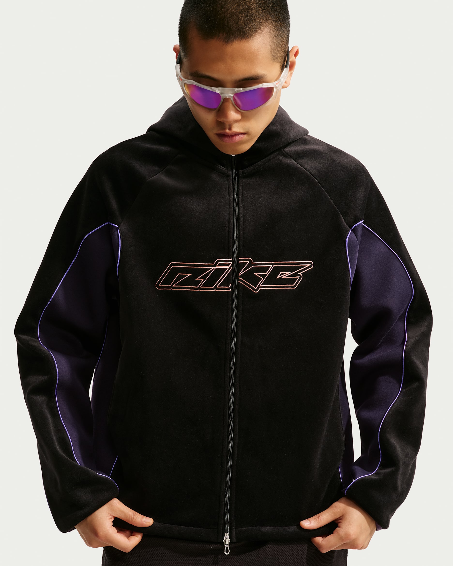 Chamarra de felpa holgada con gorro de cierre completo para hombre Nike Project F.R.O.G. - Negro/Morado dinastía/Hiperuva/Peonía