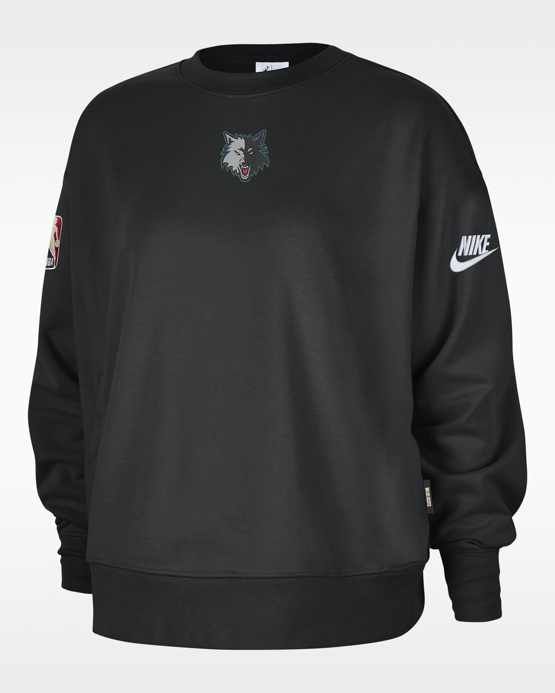 Sudadera de cuello redondo premium de tejido Fleece Nike de la NBA Phoenix para mujer de los Minnesota Timberwolves Hardwood Classics - Negro