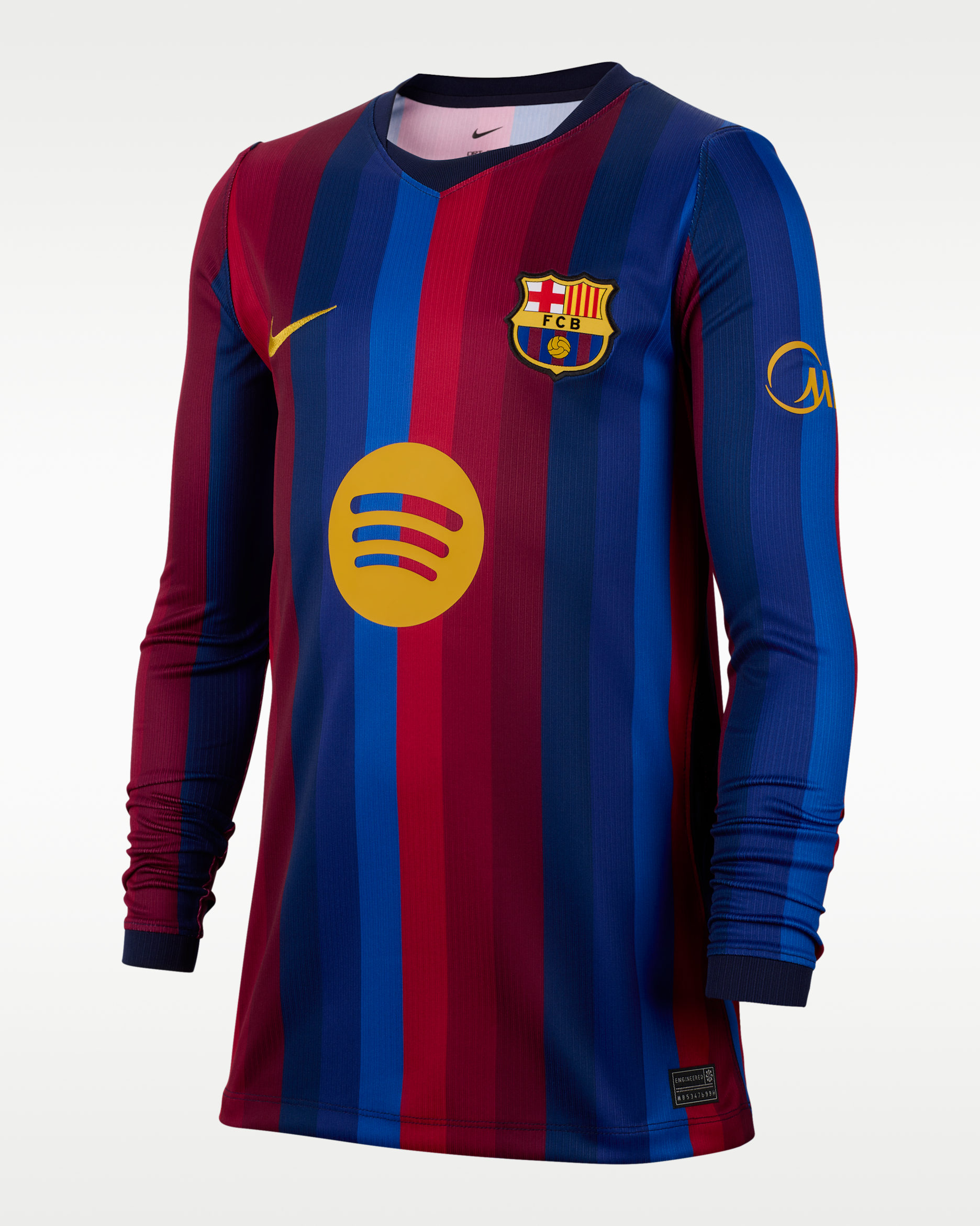FC Barcelona 2026/27 Stadium Nike Dri-FIT langermet replika fotballdrakt til store barn (hjemmedrakt) - Deep Garnet/Blue Void/Blackened Blue/Mineral Yellow