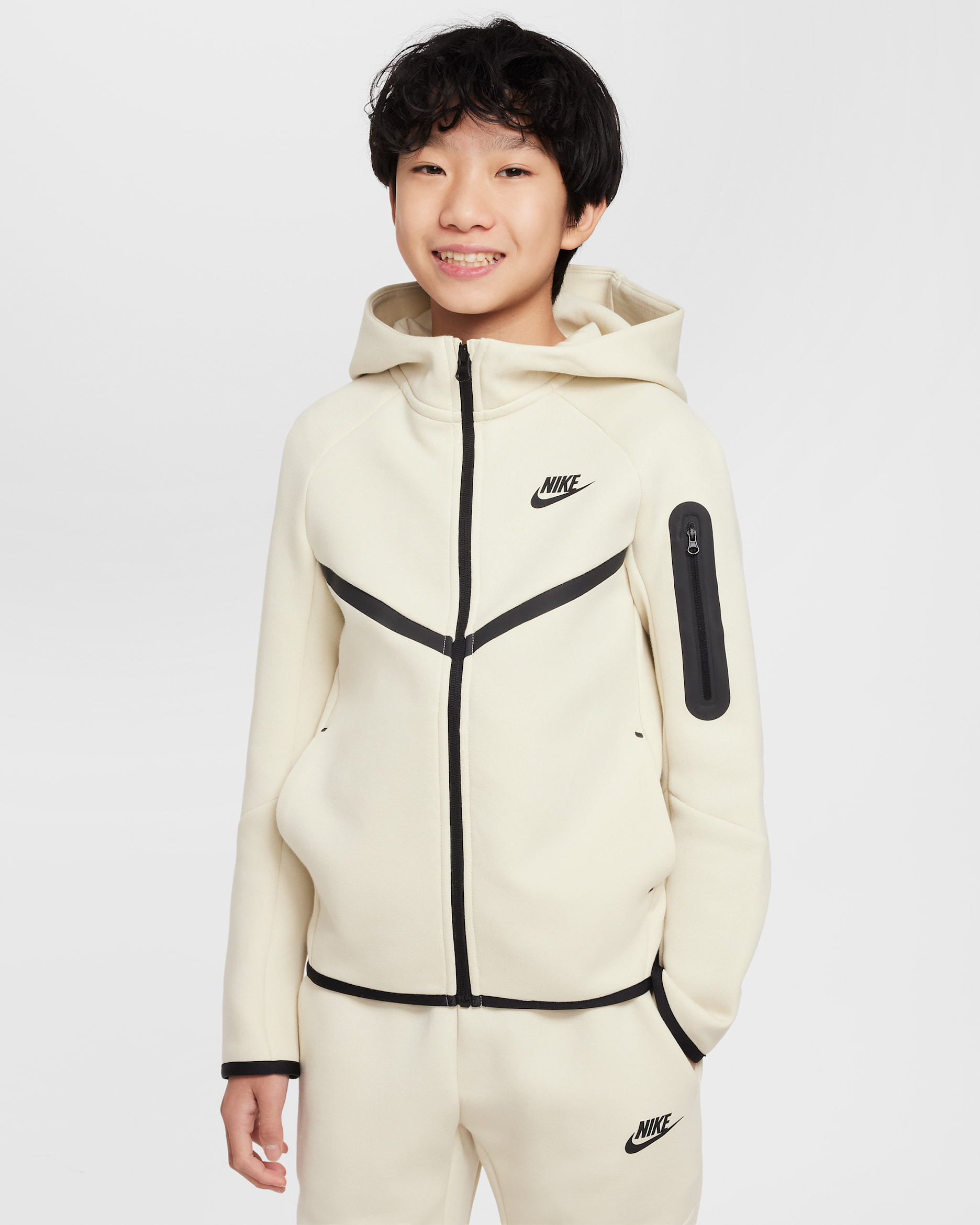Sudadera con gorro con cierre completo para niños grandes Nike Sportswear Tech Fleece - Caqui claro/Negro/Negro