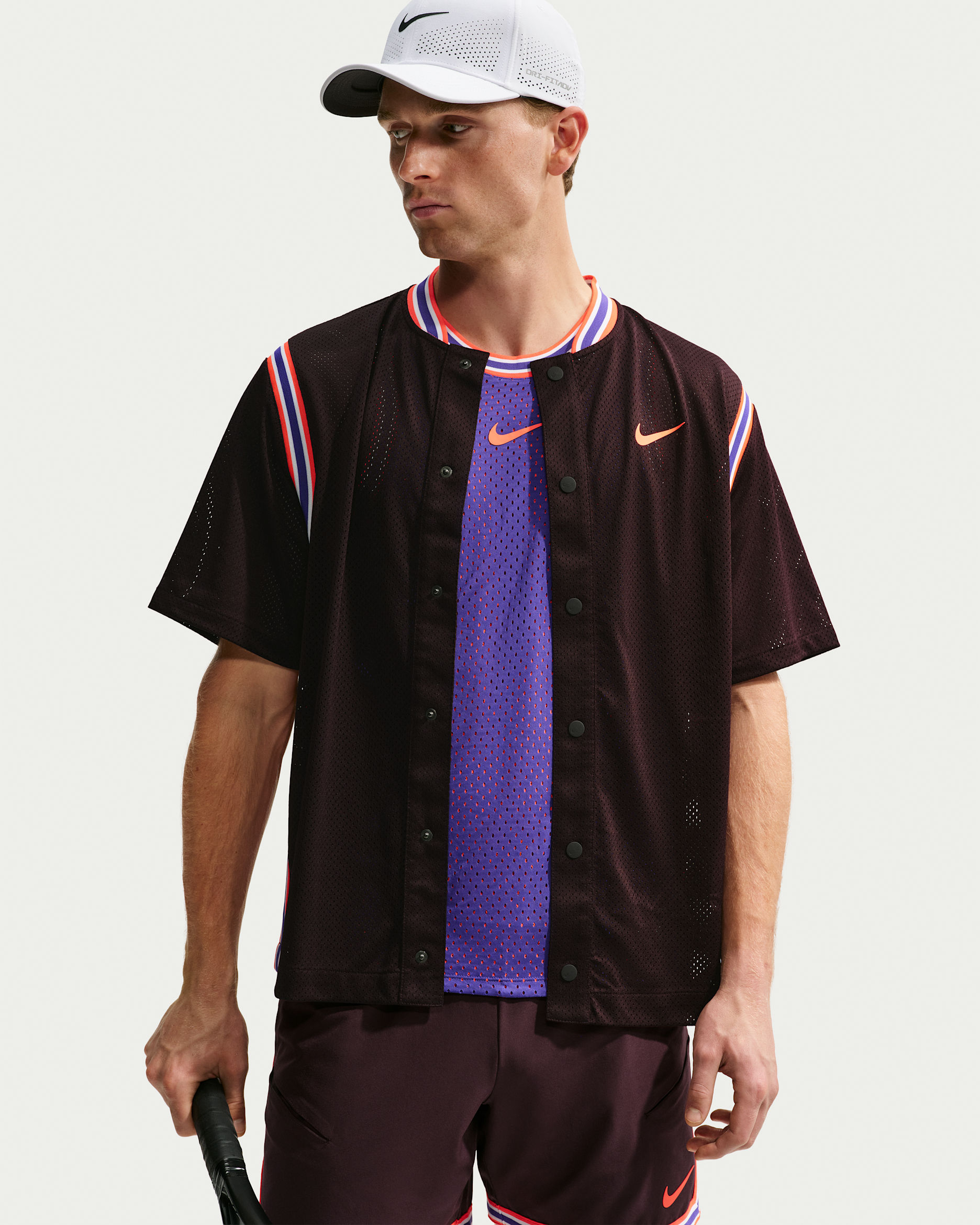 NikeCourt Slam Men's Dri-FIT Button-Up Tennis Top - Burgundy Ash/Bright Crimson