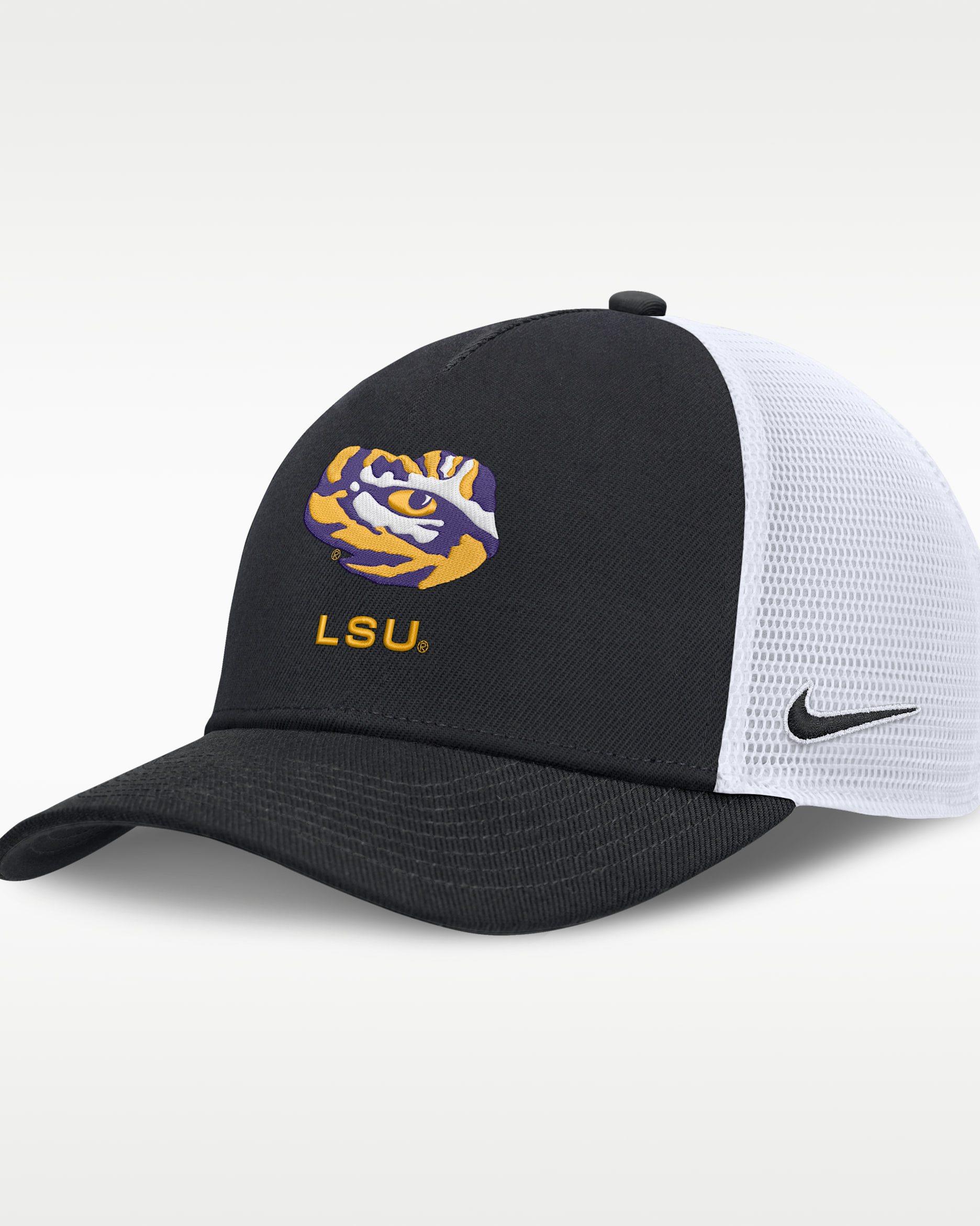 LSU Sideline Rise Gameday Men's Nike College Trucker Adjustable Hat - Black/White