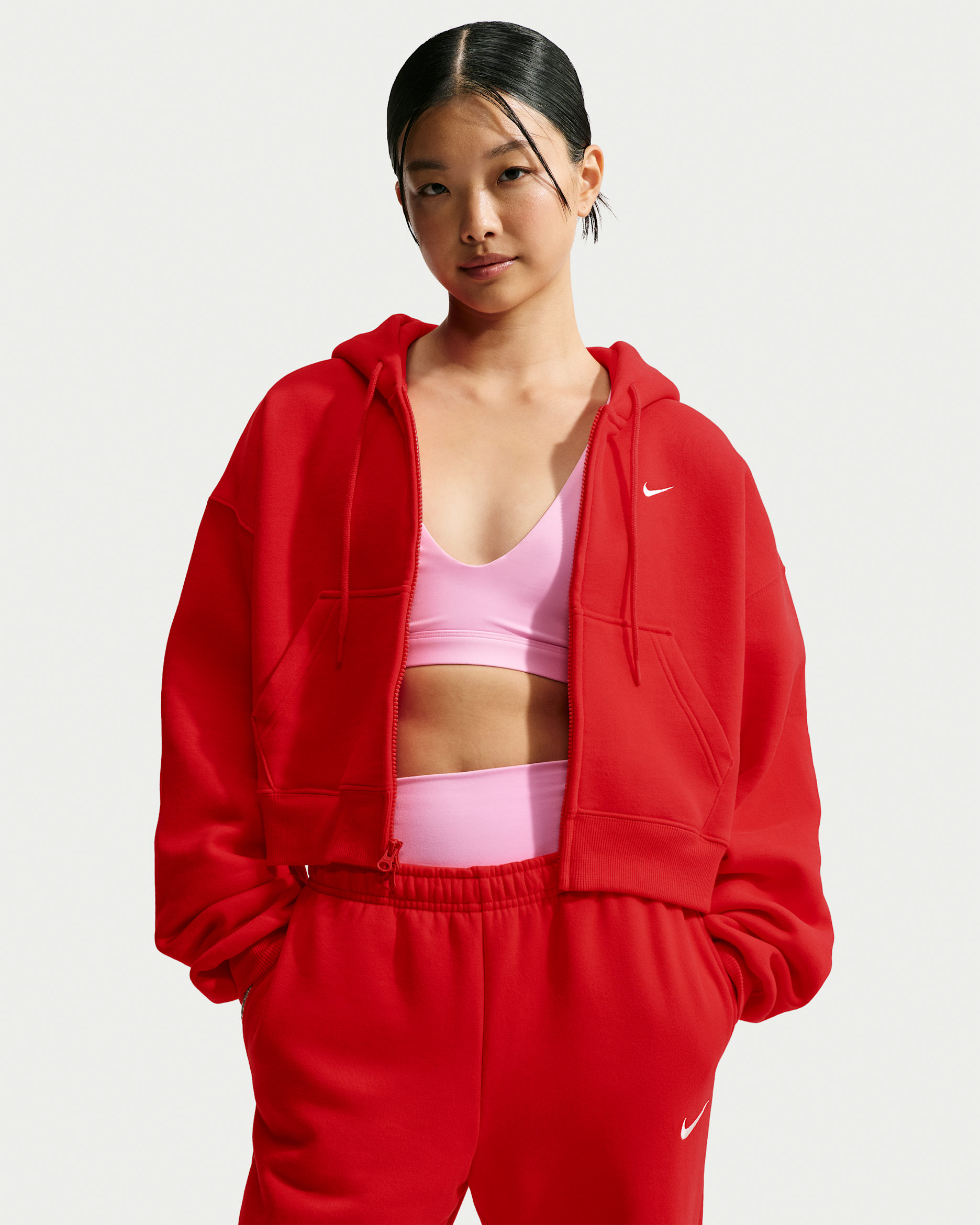 Nike Studio Fleece Medium Weight Women's Oversized Full-Zip Cropped Hoodie - University Red/Sail