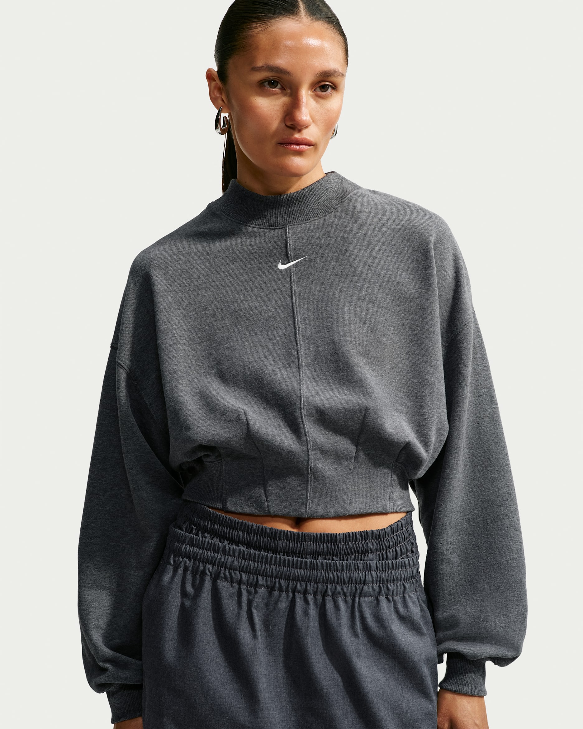 Nike Studio Fleece Lightweight Women's Oversized Cropped Pleated Crew - Charcoal Heather/Sail